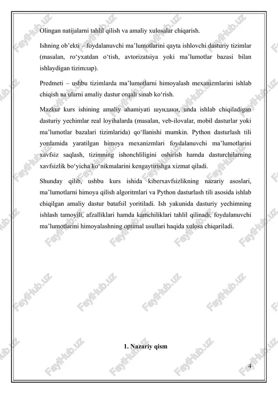 lumot va tizimlar kerak bo‘lgan vaqtda mavjud va ishlaydigan bo‘lishi kerak. misol: davlat xizmatlari sayti 24/7 ishlashi kerak; ddos hujumlardan himoya talab etiladi. kiberxavfsizlik maydonlari. tarmoq xavfsizligi (network security) bu qatlamda tarmoq infratuzilmasi (routerlar, switchlar, serverlar va boshqalar) himoya qilinadi. maqsadi: tashqi va ichki tahdidlardan tarmoqni himoya qilish. asosiy xavf turlari: · dos/ddos hujumlari · sniffing (ma’lumotni tutib olish) · man-in-the-middle (mitm) hujumlari · ruxsatsiz kirish himoya vositalari: · firewall · ids/ips (intrusion detection/prevention systems) · vpn · segmentatsiya va vlan ma’lumot xavfsizligi (data security) ma’lumotlarning maxfiyligini, yaxlitligini va mavjudligini saqlashga qaratilgan qatlam. maqsadi: ma’lumotlarga ruxsatsiz kirish, o‘g‘rilik yoki o‘zgarishlarning oldini olish. asosiy xavf turlari: · ma’lumotlarning o‘g‘irlanishi yoki sizib chiqishi (data breach) · shifrlanmagan saqlash yoki uzatish · ichki xodimlar tomonidan buzilish himoya vositalari: · ma’lumotlarni shifrlash (encryption) · backup va disaster recovery · dlp (data loss prevention) tizimlari · access control (kirish nazorati) ilova xavfsizligi (application security) ilovalar …