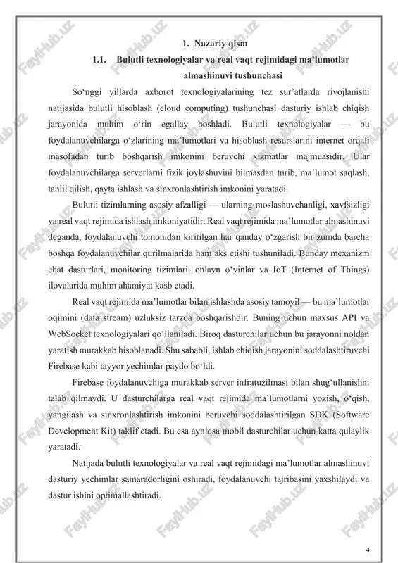 rakkab hisoblanadi. shu sababli, ishlab chiqish jarayonini soddalashtiruvchi firebase kabi tayyor yechimlar paydo bo‘ldi. firebase foydalanuvchiga murakkab server infratuzilmasi bilan shug‘ullanishni talab qilmaydi. u dasturchilarga real vaqt rejimida ma’lumotlarni yozish, o‘qish, yangilash va sinxronlashtirish imkonini beruvchi soddalashtirilgan sdk (software development kit) taklif etadi. bu esa ayniqsa mobil dasturchilar uchun katta qulaylik yaratadi. natijada bulutli texnologiyalar va real vaqt rejimidagi ma’lumotlar almashinuvi dasturiy yechimlar samaradorligini oshiradi, foydalanuvchi tajribasini yaxshilaydi va dastur ishini optimallashtiradi. 1.2. firebase platformasining yaratilish tarixi va asosiy imkoniyatlari firebase dastlab 2011-yilda amerikalik dasturchilar andrew lee va james tamplin tomonidan mustaqil startap sifatida ishlab chiqilgan. ularning maqsadi veb-ilovalarda real vaqt rejimida ma’lumotlar sinxronizatsiyasini soddalashtirish edi. dastlabki versiya “envolve” nomi bilan ma’lum bo‘lib, u onlayn chat tizimlari uchun mo‘ljallangan edi. keyinchalik 2012-yilda loyiha “firebase” nomi ostida kengaytirilib, mustaqil bulutli platformaga aylandi. 2014-yilda google kompaniyasi firebase’ni sotib oldi va uni o‘z ekotizimiga kiritdi. shu vaqtdan boshlab platforma jadal rivojlandi va dasturchilar …