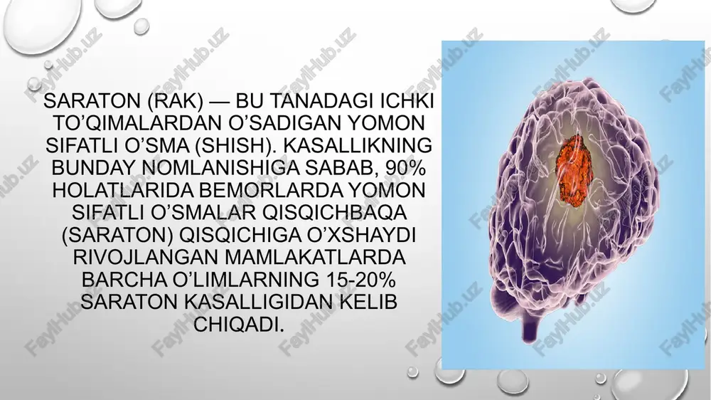 ik yoki organizmning dnkni tiklash qobiliyati pasayishi aniqlanishi mumkin. davolash usullari saraton kasalligini davolash turlari: jarrohlik - saraton o'smasi jarrohlik yo'li bilan chiqariladi. kemoterapi - saraton hujayralarini o'ldirish uchun tomir ichiga dorilar buyuriladi. radiatsiya terapiyasi - x-nurlari deb nomlangan yuqori quvvatli energiya nurlari yordamida saraton hujayralarini o'ldirish. immunoterapiya - saraton kasalligini davolash uchun tananing immunitet tizimidan foydalanadi. immunoterapiya tananing immunitet tizimiga g'ayritabiiy hujayralarni tanib olishga va ularga hujum qilishga yordam beradi. gormon terapiyasi - saratonning ayrim turlari tanadagi gormonlar, masalan, ko'krak va prostata saratoni bilan kuchayadi. ushbu gormonlarni olib tashlash yoki ularning ta'sirini blokirovka qilish ushbu hujayralar o'sishini to'xtatishga yordam beradi. maqsadli dori terapiyasi - davolashning ushbu shakli saraton hujayralarining omon qolishiga yordam beradigan xususiyatlarga qaratilgan. saraton hujayralarining tarqalishiga qarab davolashning asosiy maqsadi farq qilishi mumkin. maqsadlar quyidagi turlarga bo'linishi mumkin: birlamchi davolanish - birlamchi davolanishning maqsadi saraton hujayralarini tanadan yo'q qilishdir. bu xavfli o'smalar holatlarida va jarrohlik yo'li bilan …