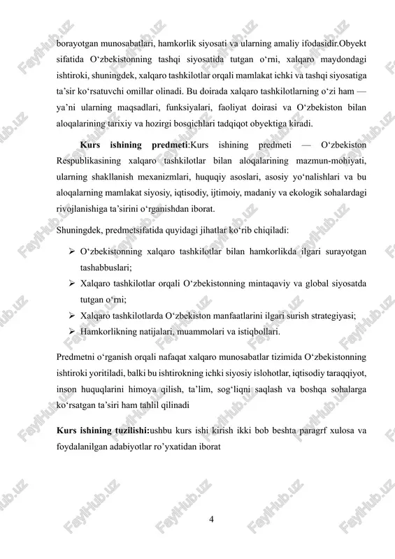 olari va istiqbollari. predmetni o‘rganish orqali nafaqat xalqaro munosabatlar tizimida o‘zbekistonning ishtiroki yoritiladi, balki bu ishtirokning ichki siyosiy islohotlar, iqtisodiy taraqqiyot, inson huquqlarini himoya qilish, ta’lim, sog‘liqni saqlash va boshqa sohalarga ko‘rsatgan ta’siri ham tahlil qilinadi kurs ishining tuzilishi:ushbu kurs ishi kirish ikki bob beshta paragrf xulosa va foydalanilgan adabiyotlar ro’yxatidan iborat i bob. o’zbekistonning tashqi siyosatda yevropa va osiyo davlatlari bilan aloqalari 1.1. o’zbekistonning markaziy osiyo davlatlari bilan qardoshlik munosabatlarining yanada rivojlanishi o’zbekiston xalqaro munosabatlarning teng huquqli subyekti sifatida, mintaqa va global darajada faol tashqi siyosatni yo’lga qo’yib, xorijiy hamkorlar bilan o’zaro manfaatli munosabatlarni rivojlantirmoqda. bunday izchil, aniq va konstruktiv tashqi siyosatni xalqaro ekspertlar va kuzatuvchilar ham eʼtirof etmoqda. jahon bo’ylab tarqalgan koronavirus infeksiyasi va global darajadagi inqirozli xavf-xatarlar davrida ham mamlakatda ijtimoiy-iqtisodiy barqarorlik taʼminlanib, mintaqa davlatlari va jahon hamjamiyati bilan hamkorlik aloqalarini davom ettirishga alohida eʼtibor qaratildi[footnoteref:1]. [1: karimov i.a. milliy istiqlol mafkurasi xalq e'tiqodi va buyuk kelajakka …