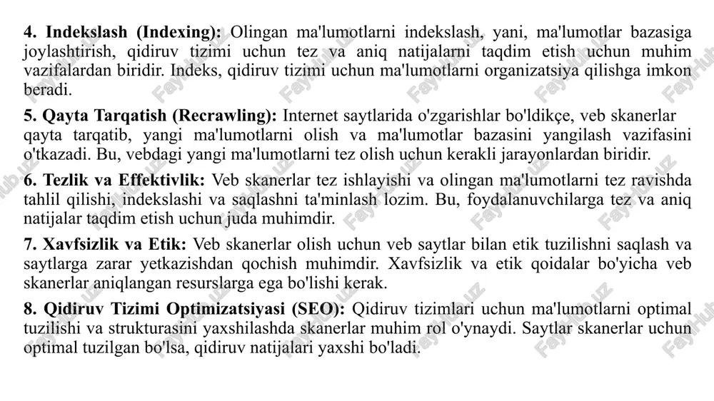 rmoqlarni sayt ochish sharoitida yuklab olishga mo'ljallangan barcha zarur xizmatlar bilan integratsiya qilganlar. 8. qo'llanma do'koni va ilovalar: ba'zi brauzerlar ilovalar va qo'llanma do'koni orqali foydalanuvchilar uchun qulayliklar yaratish uchun ilovalar va qo'llanmalar bilan integratsiya qilganlar. shuningdek, har bir brauzerning o'z xususiyatlari va qulayliklari mavjud bo'lishi mumkin. crawler arxitekturasi "crawler" yoki "spider" web saytlarini avtomatik ravishda tekshirish va ma'lumotlarni olish uchun ishlatiluvchi dasturdir. crawlerlar, internetdagi saytlarni indeksatsiyada, qidiruv natijalarini yangilashda va boshqa vazifalarda qo'llaniladi. crawler arxitekturasi "crawler" yoki "spider" web saytlarini avtomatik ravishda tekshirish va ma'lumotlarni olish uchun ishlatiluvchi dasturdir. crawlerlar, internetdagi saytlarni obhoz tuzishda, indeksatsiyada, qidiruv natijalarini yangilashda va boshqa vazifalarda qo'llaniladi. crawlerlar odatda quyidagi arxitektura asosida ishlaydi: url qabul qilish: crawlerning birinchi qadamı - tekshirish uchun url-larni qabul qilishdir. bu, boshqa veb saytlardan olingan yoki oldindan aniqlangan url-larni o'z ichiga oladi. robotstxt uchun so'rov: crawler, tekshiruvlarini boshlashdan oldin saytning "robots.txt" faylini olish uchun veb serveriga so'rov yuboradi. "robots.txt" …