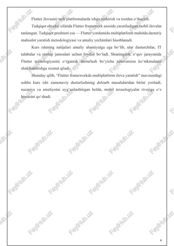 xnologiyalar rivojiga o‘z hissasini qo‘shadi. 1. nazariy qism 1.1. multiplatform ilovalar tushunchasi va ularning afzalliklari so‘nggi yillarda dasturiy ta’minot ishlab chiqish sohasida multiplatform yechimlarga bo‘lgan talab keskin oshdi. “multiplatform” atamasi, dasturiy mahsulotning bir nechta turdagi operatsion tizimlar yoki platformalarda — masalan, android, ios, web, windows, macos yoki linux — bir xil funksional imkoniyat bilan ishlay olishini bildiradi. bunday yondashuv dasturchilarga yagona kod bazasi asosida keng auditoriyaga mo‘ljallangan dastur yaratish imkonini beradi. an’anaviy yondashuvda har bir platforma uchun alohida dastur yozish talab etilar edi. masalan, android uchun java yoki kotlin, ios uchun esa swift yoki objective-c tillaridan foydalanilardi. bu esa ishlab chiqish jarayonini murakkablashtirib, har bir platformaga alohida vaqt, kuch va mablag‘ sarflashga olib kelardi. multiplatform dasturlash texnologiyalari aynan shu muammoni bartaraf etish maqsadida paydo bo‘lgan. multiplatform yechimlar ikki asosiy turga bo‘linadi: native-like va hybrid ilovalar. native-like framework’lar (masalan, flutter yoki react native) kodni bevosita qurilma tizimi bilan integratsiyalash orqali yuqori …