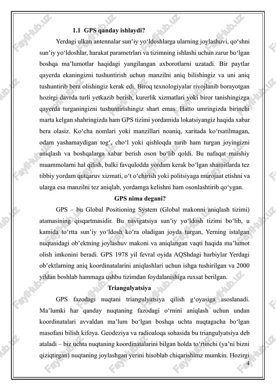 iya deb ataladi – biz uchta nuqtaning koordinatalarini bilgan holda toʻrtinchi (yaʼni bizni qiziqtirgan) nuqtaning joylashgan yerini hisoblab chiqarishimz mumkin. hozirgi telefonlarning deyarli barchasida gps moduli (yaʼni sunʼiy yoʻldosh bilan aloqa oʻrnatuvchi mikrosxema) mavjud boʻlib, u gps xizmatidan, xarita hamda navigatorlardan foydalanish imkonini beradi. 1- rasm lekin gps moduli boʻlmagan mobil telefonlar uyali aloqa minoralari yordamida oʻz makonini aniqlaydi. bu tartib quyidagi bosqichda amalga oshadi: 1. uyali telefon uchta radio minorasidan signallarni qabul qiladi. 2. bu signallar, boshqa maʼlumotlar qatori, minoralarning koordinatalarini ham uzatadi. 3. telefon apparati signalning har bir minoraga yetib borishi uchun zarur boʻlgan vaqtni oʻlchaydi. 4. shu vaqtdan kelib chiqib, telefon 10-20 metr aniqlik bilan oʻz joylashuvining koordinatalarini hisoblab chiqadi. 2-rasm gps qanday ishlaydi? gps orqali lokatsiyani aniqlashda sunʼiy yoʻldoshlar uyali aloqa minoralari oʻrnini bosadi. har bir sunʼiy yoʻldoshning vazifasi – doimiy ravishda oʻzining koordinatalari, vaqt haqidagi maʼlumotlari va boshqa xizmat maʼlumotlarini yerga yetkazib turishdan iborat. bularning …