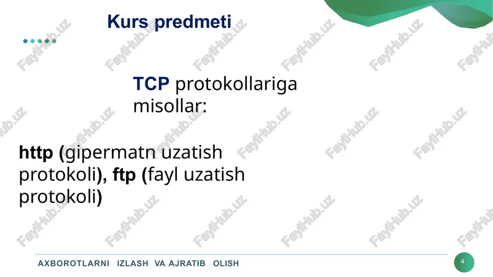 indeksator axborotlarni izlash va ajratib olish 23 indeksator (indeksator) - sahifani tarkibiy qismlariga "ajratib" beradigan va ularni tahlil qiladigan dastur. veb-sahifalarning sarlavhalari, hujjatlar sarlavhalari, havolalar, hujjatlar matni, alohida - qalin, kursiv va boshqalardagi kabi matn ajratilib tahlil qilinadi. sahifa tarkibini oddiy matndan ma’lumot qidirish uchun qulay shaklga tarjima qiladi so‘rovlarni qayta ishlash xatolarni tuzatish sinonimlarni qo'shish omonimlarni tahlil qilish to‘xtash so‘zlarini olib tashlash natijalar ro‘yxatini qayta ishlash qoidalarini belgilash (and, or, not) so'rovni normalizator bilan bir xil shaklga qisqartiradi qidiruvni baholash agar foydalanuvchi havolani bosgandan so‘ng natijalar sahifasiga qaytsa, u qoniqmaydi (qidiruv natijasi qoniqarsiz) • agar foydalanuvchi havolani bosgandan natijalar sahifasiga qaytmasa, oxirgi so‘ng o'tish sahifasining vakolati oshiriladi (kiyingi qidiruvlar uchun) internetda ma'lumot qidirish axborotlarni izlash va ajratib olish 26 ma'lumotlar bazasi qidiruv tizimi yuklab oladigan va tahlil qiladigan barcha ma'lumotlarning omboridir. saqlash uchun ham, keyinchalik qayta ishlash uchun ham katta resurslarni talab qiladi.• qidiruv natijalari mexanizmi (search results engine) …