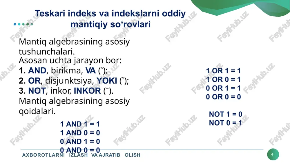 arni normalashgan leksemalarni hisobga olgan holda yozamiz. mantiqiy (boolev) qidiruv axborotlarni izlash va ajratib olish 17 so’ngra, birinchi leksemani olib, to‘plamdagi barcha matnlarni ko‘rib chiqamiz. keyingi ustunda ushbu token topilgan hujjatning identifikatorini yozamiz. shunday qilib, barcha leksemalar uchun "token - hujjat identifikatori" juftlarini aniqlaymiz. biz bir xil leksema juftlarini birlashtiramiz, mos ravishda ikkinchi ustunga mos keladigan aniqlovchilarni keltiramiz. ikkinchi ustunda olingan hujjat identifikatorlari ro‘yxati so‘z pozitsiyalari ro‘yxati deb ataladi. mantiqiy (boolev) qidiruv axborotlarni izlash va ajratib olish 18 olingan jadvalni alfavit tartibida tokenlar bo‘yicha tartiblaymiz. natijada barcha tokenlar uchun tartiblangan juftliklar to'plamning teskari indeksi hosil bo’ladi. hujjatdagi leksemalar to'plami va mos keladigan chastota qiymatlari lug'at yoki leksika deb ataladi. jismoniy jihatdan, lug'atlar ramda saqlanadi va so'z pozitsiyalari ro'yxati qattiq diskda saqlanadi. mantiqiy (boolev) qidiruv axborotlarni izlash va ajratib olish 19 teskari indeks va asosiy boolean so'rovlarni qayta ishlash qanday ishlaydi? peysalari to‘plamining teskari ko‘rsatkichi bor. qidiruv modeli yordamida aytaylik, bizda …