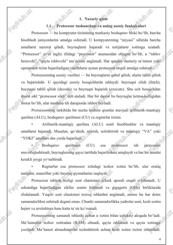 bildiradi va gigagerts (ghz) birliklarida ifodalanadi. yuqori soat chastotasi tezroq ishlashni anglatadi, ammo bu har doim samaradorlikni oshiradi degani emas. chunki samaradorlikka yadrolar soni, kesh xotira hajmi va arxitektura ham katta ta’sir ko‘rsatadi. protsessorning samarali ishlashi uchun u xotira bilan uzluksiz aloqada bo‘ladi. ma’lumotlar tezkor xotiradan (ram) olinadi, qayta ishlanadi va qayta xotiraga yoziladi. ma’lumot almashinuvini tezlashtirish uchun kesh xotira tizimi ishlatiladi. kesh xotira — bu protsessor bilan xotira o‘rtasida joylashgan juda tez ishlovchi oraliq xotira bo‘lib, tez-tez foydalaniladigan ma’lumotlarni saqlaydi. bu orqali buyruqlarni bajarish vaqti qisqaradi. bundan tashqari, zamonaviy protsessorlar ko‘p oqimli (multithreading) ishlash imkoniyatiga ega bo‘lib, bir vaqtning o‘zida bir nechta vazifani bajaradi. bu jarayon, ayniqsa, ko‘p yadroli tizimlarda samarali ishlaydi. protsessorlar odatda ikki asosiy turga bo‘linadi: cisc (complex instruction set computer) va risc (reduced instruction set computer) arxitekturalariga ega tizimlar. cisc arxitekturasida buyruqlar soni ko‘p va murakkab bo‘ladi, natijada har bir buyruq ko‘p bosqichli bajariladi. risc arxitekturasida …