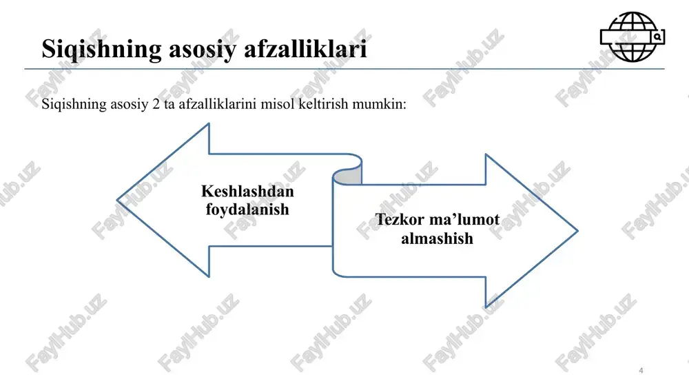 lari diskda bo'lsa, so'rovlarga javob berish uchun yana ko'plab disklarni qidirish kerak bo'ladi. shunday qilib, lug'atni siqishning asosiy maqsadi uni asosiy xotiraga yoki hech bo'lmaganda uning katta qismini yuqori so'rovlar o'tkazish qobiliyatini qo'llab-quvvatlashdir. 16 lug'at saqlash - naïve versiya ruxsat etilgan kenglikdagi yozuvlar massivi ~400,000 term; 28 bytes/term = 11.2 mb. terms freq. postings ptr. a 656,265 aachen 65 …. …. zulu 221 lug'at qidiruv tuzilmasi 20 bytes 4 bytes each sec. 5.2 17 o’zgarmas uzunlikda joy ajratish (fixed width) term ustunidagi baytlarning ko‘p qismi isrof qilinadi - biz 1 harfli atamalar uchun 20 bayt ajratamiz. ingliz tilida o'rtacha ~6,5 belgi/so’z. ingliz tilidagi lug’atdagi so‘z: ~8 belgi – har bir lug‘at atamasi uchun ~8 ta belgidan qanday foydalanamiz? qisqa so‘zlar tokenlar sonida ustunlik qiladi, lekin o‘rtacha deb yozib bo‘lmaydi. sec. 5.2 18 lug'at qator sifatida lug'atni saqlashning eng oddiy usuli uning elementlarini leksikografik tartibda joylashtirish va ularni belgilangan uzunlikdagi yozuvlar …