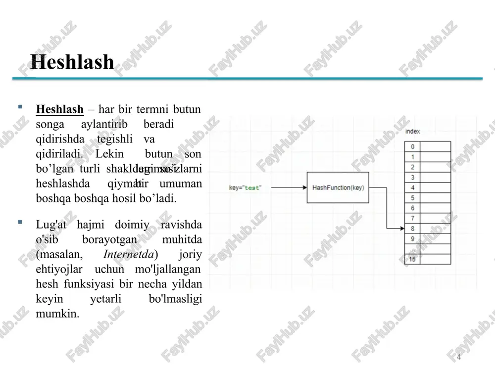 2 bigram indeksiga misol k-gramm indeksi k-grammlardan tashkil topgan so‘rov asosida atamalarni topadi (bu yerda k=2). mo on among $m mace along amortize madden among sec. 3.2.2 18 k-gram indekslari 19 vaqtinchalik indeks oddiy bo'lsa-da, u bir term uchun bir necha takrorlanishlar sonidan sezilarli muammoga olib kelishi mumkin; ingliz tilidagi atamalar lug'ati uchun bu deyarli o'n baravar ko'p joyni ko'rsatishi mumkin. buning uchun k-gramm dan foydalaniladi. k-gram – bu shunday ketma-ketlik bo’lib, termlar k uzunlikdagi bo’laklarga ajratiladi. agar k=1 bo’lsa “unigrams”, k=2 bo’lsa “bigrams” va k=3 bo’lsa “trigrams” deb ataladi. misol uchun, catastrophic uchun: unigrams: [“c”, “a”, “t”, “a”, “s”, “t”, “r”, “o”, “p”, “h”, “i”, “c”] bigrams: [“ca”, “at”, “ta”, “as”, “st”, “tr”, “ro”, “op”, “ph”, “hi”, “ic”] trigrams: [“cat”, “ata”, “tas”, “ast”, “str”, “tro”, “rop”, “oph”, “phi”, “hic”] k-gram indekslari k-gram indeksi k-gramni o'z ichiga olgan barcha mumkin bo'lgan lug'at atamalari ro'yxatiga moslashtiradi. quyidagi rasmda bigram "ur" ga …