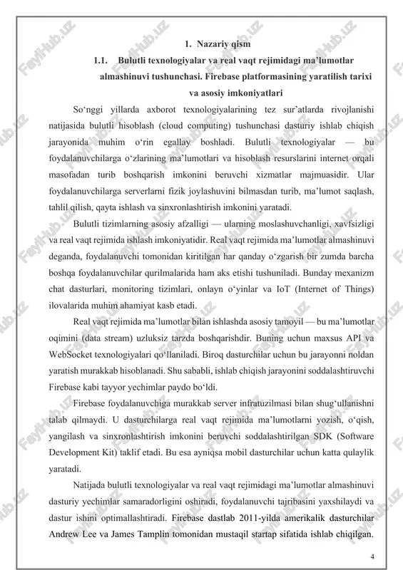 uchun bu jarayonni noldan yaratish murakkab hisoblanadi. shu sababli, ishlab chiqish jarayonini soddalashtiruvchi firebase kabi tayyor yechimlar paydo bo‘ldi. firebase foydalanuvchiga murakkab server infratuzilmasi bilan shug‘ullanishni talab qilmaydi. u dasturchilarga real vaqt rejimida ma’lumotlarni yozish, o‘qish, yangilash va sinxronlashtirish imkonini beruvchi soddalashtirilgan sdk (software development kit) taklif etadi. bu esa ayniqsa mobil dasturchilar uchun katta qulaylik yaratadi. natijada bulutli texnologiyalar va real vaqt rejimidagi ma’lumotlar almashinuvi dasturiy yechimlar samaradorligini oshiradi, foydalanuvchi tajribasini yaxshilaydi va dastur ishini optimallashtiradi. firebase dastlab 2011-yilda amerikalik dasturchilar andrew lee va james tamplin tomonidan mustaqil startap sifatida ishlab chiqilgan. ularning maqsadi veb-ilovalarda real vaqt rejimida ma’lumotlar sinxronizatsiyasini soddalashtirish edi. dastlabki versiya “envolve” nomi bilan ma’lum bo‘lib, u onlayn chat tizimlari uchun mo‘ljallangan edi. keyinchalik 2012-yilda loyiha “firebase” nomi ostida kengaytirilib, mustaqil bulutli platformaga aylandi. 2014-yilda google kompaniyasi firebase’ni sotib oldi va uni o‘z ekotizimiga kiritdi. shu vaqtdan boshlab platforma jadal rivojlandi va dasturchilar uchun to‘liq backend …