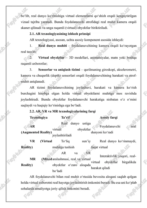 orqali jihozlar ichki tuzilmasini ko‘rsatish; · marketing va savdo – mahsulotlarni virtual tarzda joylashtirish, moslashtirish (masalan, mebel, ko‘zoynak, kiyim-kechak); · ko‘ngilochar o‘yinlar – pokemon go kabi real muhit bilan birlashtirilgan o‘yinlar; · navigatsiya – yo‘nalishlarni real ko‘rinish bilan birlashtirish. 2.4. ar texnologiyalarini yaratish vositalari ar ilovalarni yaratish uchun bir nechta mashhur platformalar mavjud: · arkit – apple kompaniyasi tomonidan ishlab chiqilgan (faqat ios uchun); · arcore – google kompaniyasining android uchun yechimi; · vuforia – keng ko‘lamli ar vositasi (unity bilan ishlaydi); · unity + ar foundation – ios va android uchun universal ar ilovalar yaratish platformasi; · webar – brauzer asosidagi ar ilovalar (ilova o‘rnatmasdan ishlaydi). ushbu kurs ishida biz, asosan, arkit va arcore texnologiyalariga e’tibor qaratamiz va ularning ishlash prinsipi, afzalliklari hamda amaliy imkoniyatlarini tahlil qilamiz. 3-bo‘lim. arkit texnologiyasi (apple) arkit — bu apple kompaniyasi tomonidan ishlab chiqilgan ios qurilmalar uchun mo‘ljallangan qushimcha reallik (augmented reality) platformasidir. u …