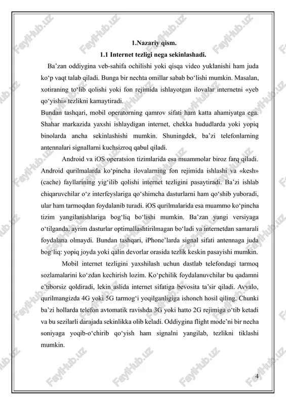 i antennaga juda bog‘liq: yopiq joyda yoki qalin devorlar orasida tezlik keskin pasayishi mumkin. mobil internet tezligini yaxshilash uchun dastlab telefondagi tarmoq sozlamalarini ko‘zdan kechirish lozim. ko‘pchilik foydalanuvchilar bu qadamni e’tiborsiz qoldiradi, lekin aslida internet sifatiga bevosita ta’sir qiladi. avvalo, qurilmangizda 4g yoki 5g tarmog‘i yoqilganligiga ishonch hosil qiling. chunki ba’zi hollarda telefon avtomatik ravishda 3g yoki hatto 2g rejimiga o‘tib ketadi va bu sezilarli darajada sekinlikka olib keladi. oddiygina flight mode’ni bir necha soniyaga yoqib-o‘chirib qo‘yish ham signalni yangilab, tezlikni tiklashi mumkin. 1-rasm. mobil operatoringiz tavsiya qilgan apn (access point name) sozlamalarini tekshirish ham muhim. noto‘g‘ri kiritilgan parametrlar internet tezligiga bevosita ta’sir ko‘rsatadi. har bir operatorning o‘z rasmiy saytida yoki qo‘llab-quvvatlash markazida apn ma’lumotlari berilgan bo‘ladi. quyida android va ios qurilmalarda tarmoq sozlamalarini tekshirish bo‘yicha ketma-ketlikni solishtirib ko‘rishingiz mumkin: qurilma turi sozlamalarni tekshirish ketma-ketligi android sozlamalar → mobil tarmoq → preferred network type bo‘limidan 4g/5g tanlash → apn bo‘limiga …