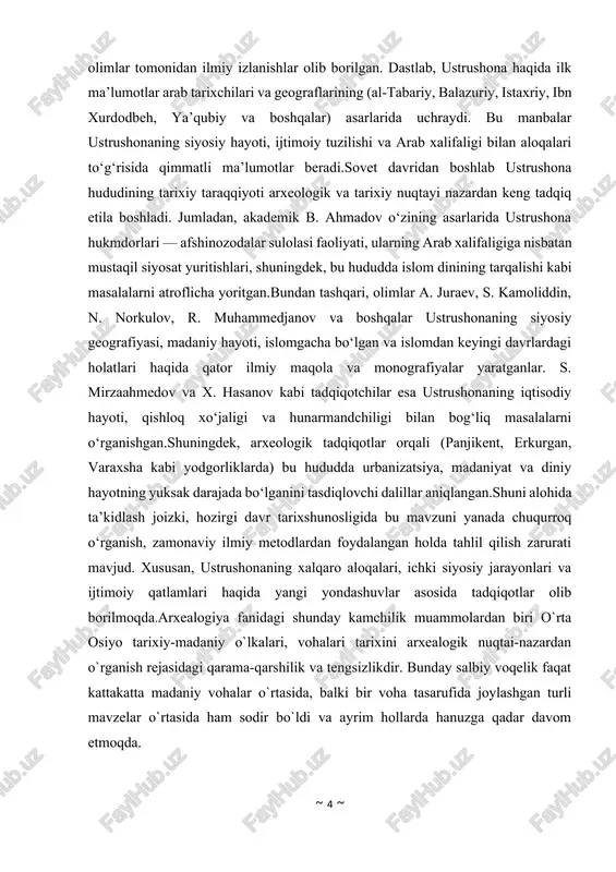 baynida mutaxasislar diqqat e`tiboridan chetda qolgan. mirzacho`l, xususan jizzax vohasini turli yo`nalishdagi karvon yo`llari kesib o`tgan va bu yo`llar o`rta asrlarda “ movarounnahrning ulkan savdo badargohi” deb nomlangan samarqand- shosh, sharqiy turkiston, xo`jjand, farg`ona yettisuv va xitoy bilan bog`lab turgan. savdo karvonlari faoliyatida sirdaryo bo`yi va mirzacho`l dashtlarida istiqomat qiluvchi ko`chmanchi chorvador qabilalar ham muhim o`rin tutgan. ko`chmanchi xalqlardan biri bo`lgan qudratli “guz” yoki “uguz” lar haqida arab ezma manbalarida ko`plab ma`lumotlar uchraydi. sirdaryo va jizzax viloyatlarining tog` va tog` oldi mavzelari qadimdan aholi zich joylashgan madaniy o`lkalar qatoriga kirgan. ko`plab chashma, buloq, soy va daryolar havzasida hosil bo`lgan katta kichik bu vohalarda palmakorlikdan tashqari suniy sug`orish tizimlariga asoslangan dehqonchilik va o`troq hayot ancha qadimdan boshlangan. bu xildagi aholi zich joylashgan madaniy vohalarga o`rta asr ustrushonasi tarkibiga kirgan sabat rustakini, zominsuvatrofidagi zomin sarsanda o`lkasini sangzor daryosi xavzasidagi xarkana, feknon viloyatlarini misol qilib ko`rsatish mumkin.qadimgi ustrushonaning bu o`lkalarida keyingi o`n yil …