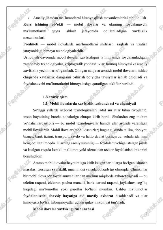 (mobil dasturlar) bugungi kunda ta’lim, tibbiyot, biznes, bank tizimi, transport, savdo va hatto davlat boshqaruvi sohalarida ham keng qo‘llanilmoqda. ularning asosiy ustunligi — foydalanuvchiga istalgan joyda va istalgan vaqtda kerakli ma’lumot yoki xizmatdan tezkor foydalanish imkonini berishidadir. ammo mobil ilovalar hayotimizga kirib kelgan sari ularga bo‘lgan ishonch masalasi, xususan xavfsizlik muammosi yanada dolzarb tus olmoqda. chunki har bir mobil ilova o‘z foydalanuvchilaridan ma’lum miqdorda axborot yig‘adi — bu telefon raqami, elektron pochta manzili, bank kartasi raqami, joylashuv, sog‘liq haqidagi ma’lumotlar yoki parollar bo‘lishi mumkin. ushbu ma’lumotlar foydalanuvchi shaxsiy hayotiga oid maxfiy axborot hisoblanadi va ular himoyasiz bo‘lsa, kiberjinoyatlar uchun qulay imkoniyat tug‘iladi. mobil ilovalar xavfsizligi tushunchasi mobil ilovalar xavfsizligi — bu ilova foydalanuvchilarining shaxsiy, moliyaviy va tizim ma’lumotlarini ruxsatsiz kirish, o‘g‘irlash, o‘zgartirish yoki yo‘q qilishdan himoya qilishga qaratilgan chora-tadbirlar, texnik va dasturiy yechimlar majmuasidir. xavfsizlik tushunchasi uch asosiy tamoyilga tayanadi: maxfiylik (confidentiality) — ma’lumotlarga faqat ruxsat etilgan shaxslar yoki tizimlar …