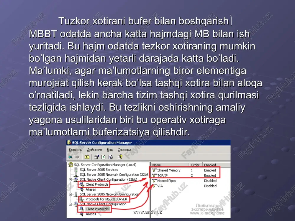 iyalarga ega bulishi kerak. mb sining jadvalini yaratgan foydalanuvchi, shu jadval bilan ishlash polnomochiyalarini tulik tuplamiga ega. bu tuplamga boshka foydalanuvchilarga barcha yoki ba’zi polnomochiyalarni berish xam kiradi, xudi shunday polnomochiyalarni berish polnomochiyasi xisobga olgan xolda. foydalanuvchi polnomochiyalari maxsus jadval-kataloglarda yozilgan buladi va ularning kontroli sql tili darajasida xam amalga oshiriladi. www.arxiv.uz www.arxiv.uz e’tiboringiz uchun rahmat! www.arxiv.uz www.arxiv.uz