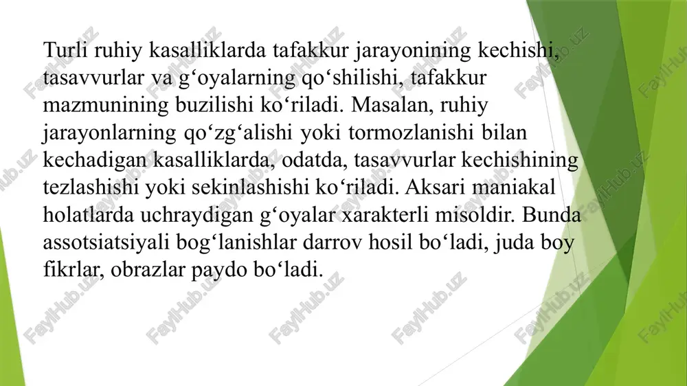 ning sabablarini aniqlash va davolovchi pedagogga murojaat qilish zarur (logopediya — nutq buzilishlarini davolash boʻyicha fan). duduqlanish — «sh — sh» lab, «s — s» lab gapirishda, chuchuk til bilan sal «sh — sh» lab gapirishda namoyon boʻladi. bosh miyaga keluvchi nerv tolalarining zararlanishi natijasida nutq, tovushlarni talaffuz qilish yomonlashadi — dizartriya paydo boʻladi. ba’zan tovushning vaqtincha funksional yoʻqolishi — afoniya kuzatiladi. bunday yomonlashuv asabiy jazavalanish vaqtida uchraydi. ogʻzaki nutq bilan yozma nutq oʻrtasidagi farqlar kasallik tufayli kuchayishi mumkin. organik va funksional xarakterdagi markaziy nerv sistemasi kasalliklarida yozuv, xat ancha yomonlashadi. koʻpincha yozma nutqning yomonlashuvi bosh miya qobigʻining optik, nutq va harakat nutqlarining oʻchoqli shikastlanishlarida kuzatiladi. yozma nutqning yomonlashuvi agrafiya deyiladi. shizofreniya bilan ogʻrigan bemorlarda yozishning oʻzgarishi xarakterlidir bosh miyaning organik zararlanish kasalliklari, jarohatlarida, kalla chanoq suyaklari shikastlanishida, isteriyalarda nutqning buzilishi kuzatiladi. nutqning buzilishi afaziya deyiladi.. bunday bemorlarning nutqi kambagʻal, ishlatiladigan soʻzlar zaxirasi ancha cheklangan boʻladi. bunday bemorlarning nutqi kambagʻal, …
