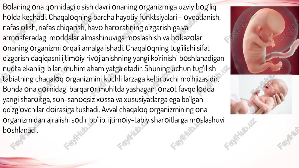 tga to’plashning muhim vositasi sifatida foydalaniladi. qator tug‘ma-tabiiy reaktsiyalar chaqaloq hayoti uchun juda muhimdir. ana shu shartsiz reflekslar tufayli u yangi, ung‘aysiz sharoitga ko’nikib boradi va o’xshash tarzini mavjud yo’nalishga uyg‘unlashtiradi. uning yangi muhitda ovqatlanishi va nafas olishi ana shu reflekslarning bevosita funktsiyasi hisoblanadi. bola tug‘ilgunicha undagi barcha jarayonlar, onaning organizmi orqali amalga oshgan bo’lsa, tug‘ilganidan keyin mutlaqo boshqacha tarzda amalga osha boshlaydi. masalan, o’pka bilan nafas olish, og‘iz (og‘iz, ichak, oshqozon kabi biologik organlar orqali) ovqatlanish vujudga keladi. buni psixologiyada reflektor moslashish deb ataladi. muskul tuzilmasining ishtirokida nafas olishning ritmli-harakatlari amalga oshadi. bu jarayon ovqatlanish, emish (so’rish) reflekslari yordamida vujudga keladi. chaqaloqning tug‘ma reflekslari dastlabki paytlarda nomutanosib ishlashi sababli u teztez qalqib ketadi, jismonan darrov toliqadi (tez uyquga ketadi yoki uyg‘onadi). chaqaloqning butun faoliyati, faolligi organizmni oziq bilan taminlashga, to’yishga yo’nalgan bo’ladi. organizmning termo regulyatsiyasi ham alohida ahamiyat kasb etib, bolani o’zgaruvchan mikromuhitga tobora moslashtirib boradi. chaqaloqlik davri insonning …