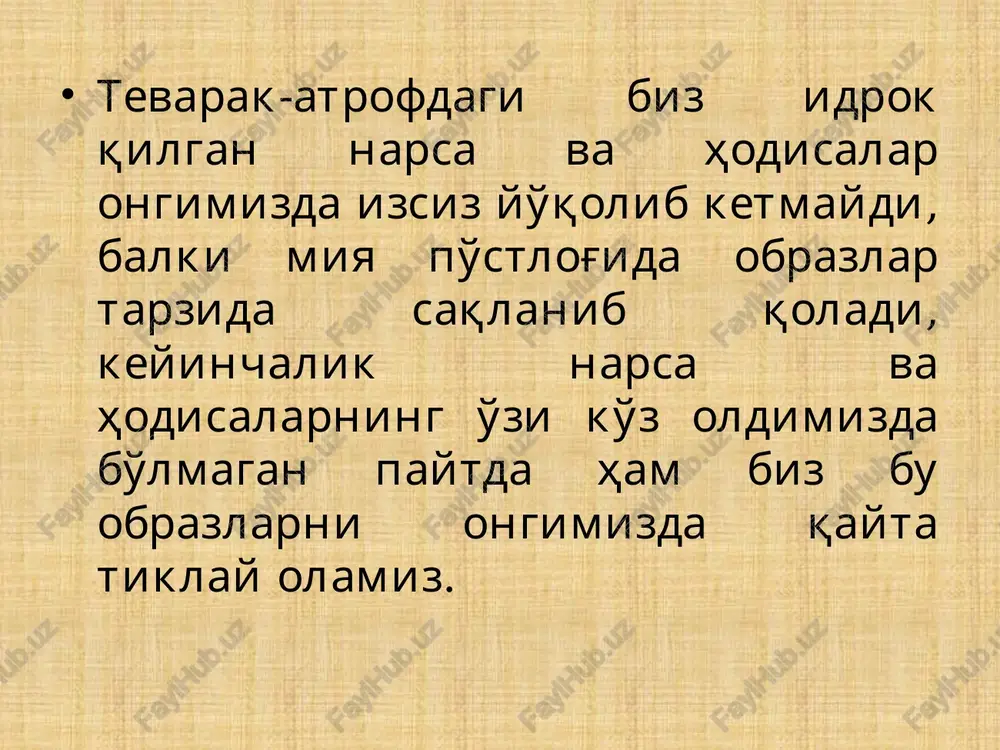 tq tasavvuri ayniqsa muhim ahamiyat kasb etadi. harakat tasavvuri. buni 1) tanamiz organlarining ayrim harakatlarini tasavvur etish 2) eshitish harakati yoki nutq tasavvuri deb ikkiga ajratamiz. tanamizning ayrim organlari harakatini tasavvur etish har qanday jismoniy ishni bajarish uchun muhimdir. bunday tasavvur organizm faoliyatining u yoki bu turiga tayyorlaydi. hayol turlari hayolning qayta tiklovchi, ixtiyoriy va ixtiyorsiz (produktiv va reproduktiv, passiv va aktiv) turlariga bo`linadi. tush, orzu, gallyutsinatsiya passiv hayol turlariga kiradi. tushlar – uyquda yuzaga keladigan ixtiyorsiz obrazlar bo`lib, ular tez unutilishi yoki uzoq muddatga saqlanishi mumkin. orzu ham inson ongidagi real va noreal tasavvurlar bilan bog`liq. aktiv hayol insonni hayotiy rejalarini, xoxish istaklarini amalga oshirishda o`z aksini topadi. reproduktiv hayolda aniq real vazifani amalga oshirish maqsad qilib quyiladi, unda fantaziya elementlari mavjud bo`ladi. bunday hayol xotira yoki idrokka o`xshab ketadi. produktiv (ijodiy) hayol – bizning tajribamizda mavjud bo`lmagan obraz va ob`ektlarni yaratish bilan bog`liq bo`lgan hayol turidir. xayolning quyidagi …