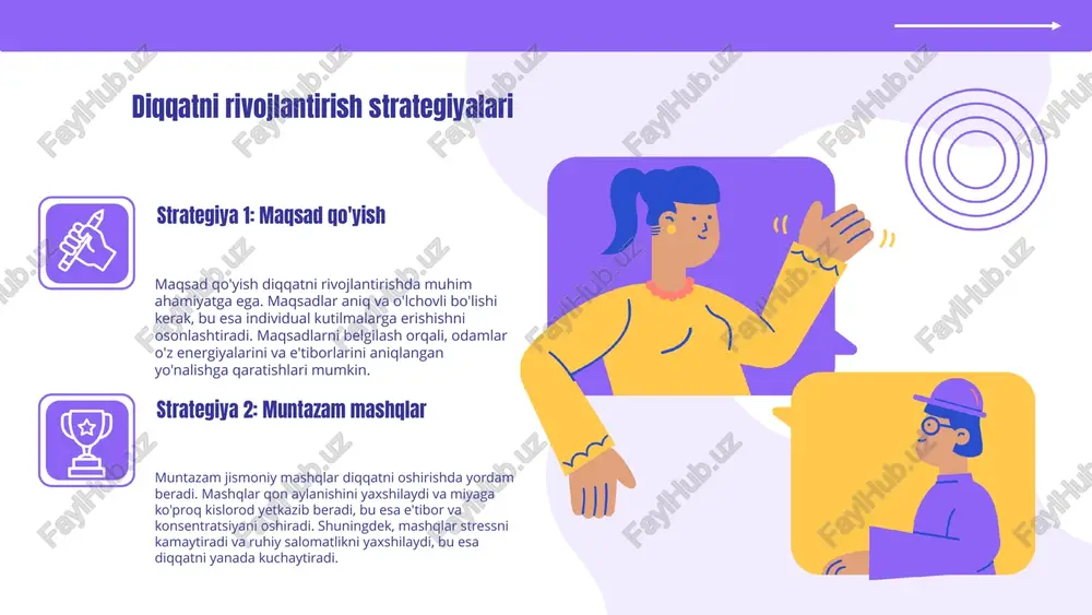 m bir vaqtda o'qish yoki yozish mashqlarini bajarish. shuningdek, diqqatni oshirish uchun meditatsiya yoki nafas olish texnikalaridan foydalanish ham foydali. o'rganish jarayonida foydalaniladigan usullar o'rganish jarayonida diqqatni kuchaytirish uchun ko'plab usullardan foydalanish mumkin. vizual yordamlar, qiziqarli materiallar va interaktiv metodlar o'rganishni yanada qiziqarli qiladi. shuningdek, qaysi usullar eng samarali ekanligini aniqlash uchun eksperiment o'tkazish ham mumkin. natijalar va tahlil olingan natijalar diqqatni kuchaytirish usullari yordamida olingan natijalar shuni ko'rsatadiki, ishtirokchilar diqqatini oshirishda sezilarli yutuqlarga erishdilar. bu usullar yordamida ishlash jarayonida aniqlik va samaradorlikni oshirish mumkinligi isbotlandi. foydalanilgan metodologiya diqqatni kuchaytirish uchun turli metodologiyalar qo'llanildi, jumladan, mashg'ulotlar, o'yinlar va kognitiv treninglar. ushbu metodlar ishtirokchilarning diqqatini yaxshilashga qaratilgan maxsus strategiyalarni o'z ichiga oldi. ish samarasini oshirishga ta'siri natijalar shuni ko'rsatadiki, diqqatni kuchaytirish usullari ish samaradorligini oshirishga ijobiy ta'sir ko'rsatadi. olingan natijalar asosida jamoaviy ishda samaradorlikni oshirish uchun yangi yondashuvlar ishlab chiqish mumkin. xulosa diqqat va e'tibor tushunchasi psixologiyada muhim rol o'ynaydi. diqqat, …