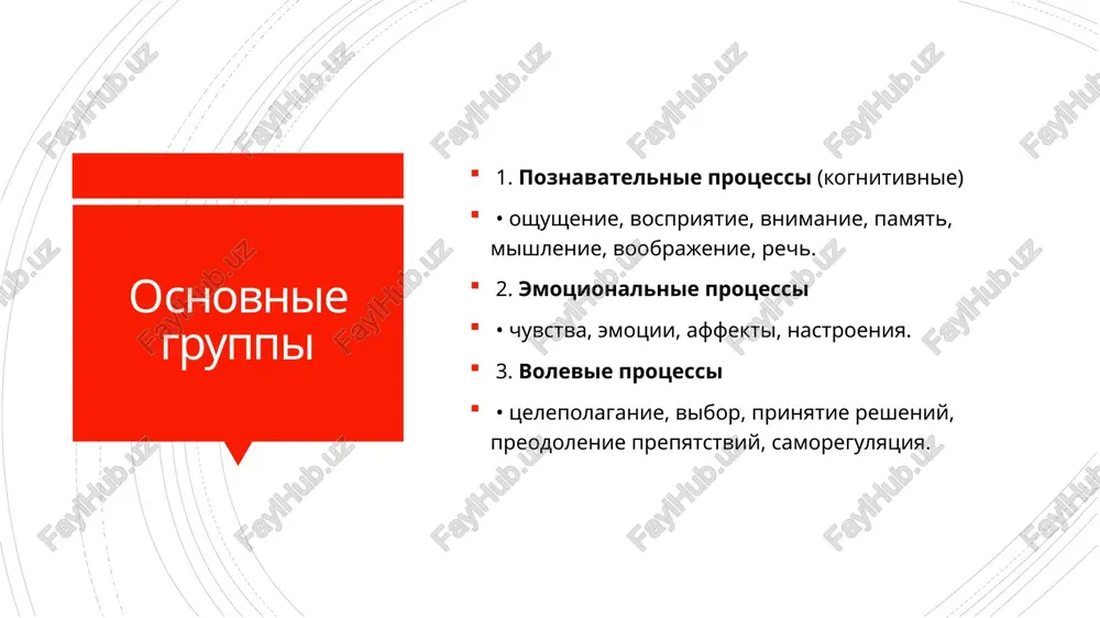 ie otdelnix svoystv i sostoyaniy vneshney sredi, sub'ektov vneshnix ili vnutrennix stimulov pri uchastii nervnoy sistemi. kanonicheski, sushestvuet pyat vidov oshusheniy: obonyanie, vkus, osyazanie, zrenie, slux. svoystva oshusheniy: intensivnost: kolichestvennaya xarakteristika oshusheniy. modalnost: kachestvennaya xarakteristika oshusheniy. dlitelnost: vremennaya xarakteristika oshusheniy. lokalizatsiya: prostranstvennaya xarakteristika oshusheniy, informatsiya o meste naxojdeniya razdrajitelya v prostranstve. voobrajenie voobrajenie voobrajenie – umenie cheloveka sozdavat v soznanii obrazi, idei i predstavleniya, a takje manipulirovat nimi. funktsii voobrajeniya sostoyat v tom, chtobi predstavit v golove obrazets budushego rezultata deyatelnosti v planirovanii, poiske strategii dlya resheniya zadach. svoystva voobrajeniya mechta: emotsionalniy obraz jelaemogo budushego, kotoriy xarakterizuetsya slabim znaniem togo, kak ego voplotit v realnost. tvorchestvo: sozdanie novix duxovnix i materialnix tsennostey. agglyutinatsiya: sozdanie novix obrazov na osnove «skleivaniya» chastey, imeyushixsya obrazov. gallyutsinatsiya: nerealnie obrazi, kotorie voznikayut u cheloveka vo vremya bolezni. aktsentirovanie: sozdanie novix obrazov putem videleniya i podcherkivaniya tex ili inix chert. rech rech rech – forma obsheniya …