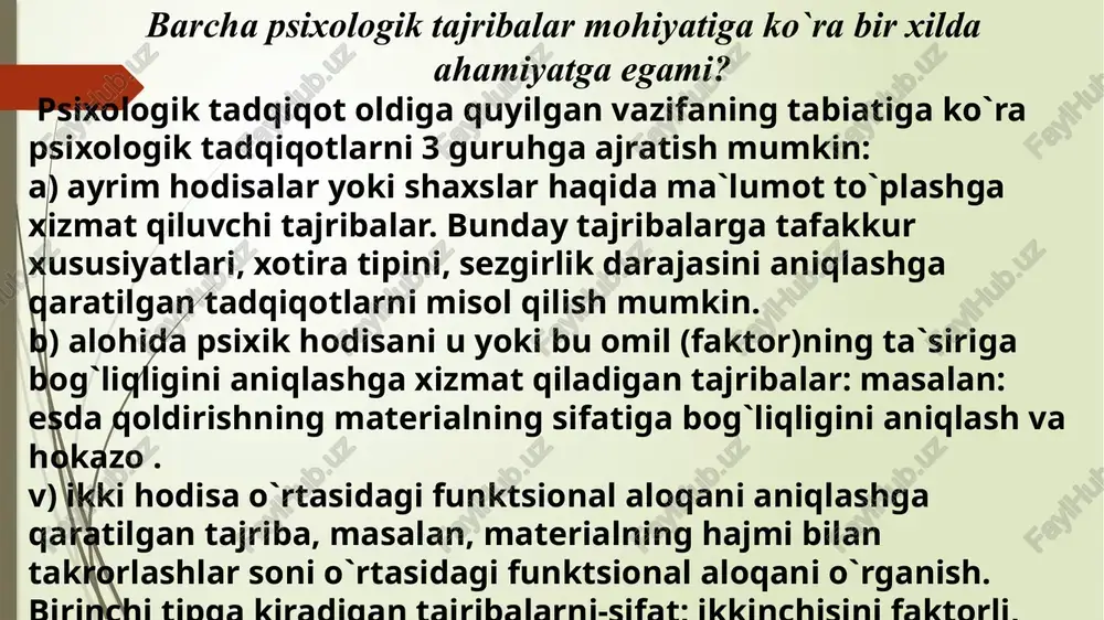taxistoskop-kichik bir vaqt oraligida tekshiriluvchiga turli qo`zg`atuvchilarni ko`rsatishga, esteziometr bir vaqtning o`zida terining ikki nuqtasiga ta`sir etuvchi taktil qo`zg`atuvchi berishga, xronoskop-vaqtni aniq yozib olishga moslashgan. psixologik tajribalarda foydalaniladigan apparatlarning afzallik tomonlarini quyidagicha baholash mumkin: etarli darajadagi aniqlik va ishonchlilik. etarli darajadagi mustahkam tuzilmaga ega bo`lish, turli nosozliklarning bo`lmasligi. mexanizmning ishlash jarayonida tekshiriluvchiga ta`sir etishi mumkin bo`lgan holatlarning yo`qligi; tadqiq etilayotgan hodisani avtomatik tarzda qayd etib borish imkoniyatining qulay va osonligi. ayrim psixologik tadqiqotlarni maxsus apparaturalarsiz olib borish mumkin emas. masalan, sezgi, idrok, hissiyotning ifodalanishi va boshqalar. ba`zi tajribalar uchun esa apparaturalarning bo`lishi shart emas yoki ular ikkinchi darajali ahamiyatga ega. masalan. eksperementator savollariga og`zaki javob berish kerak bo`lsa, apparaturaga zarurat sezilmaydi. har qanday psixologik tadqiqot echilishi lozim bo`lgan muammoni shakllantirishdan boshlanadi. muammoning to`g`ri shakllantirish uchun shu fan bilan yoki uning shu muammoga taalluqli bo`lgan bo`limi bilan yaxshi tanish bo`lishi kerak. tajribada foydalaniladigan apparaturalarning tekshiriluvchi ruhiyatiga ta`siri qanjay bo`ladi? tadqiqot farazi- …