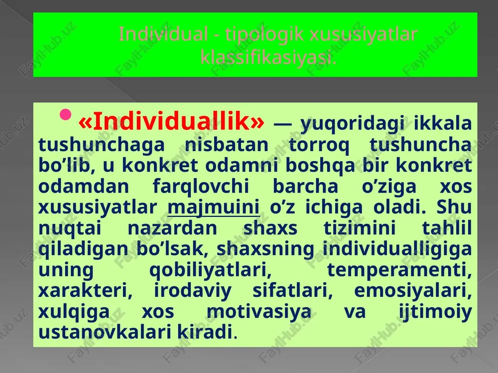 nson. sangvinik toifaga xos sifatlar 1) quvnoq va xushchaqchaq; 2) g‘ayratli va ishchan; 3) ko‘pincha boshlagan ishini oxiriga yetkazmaydigan; 4 o‘ziga ortiqcha baho berishga moyil; 5) yangiliklarni tezda ilg‘ab, qabul qilishga qodir; 6) qiziqishlar va mayllarda beqaror; 7) muvaffaqiyatsizliklar va noqulayliklarni oson kechira oladigan; 8) turli sharoitlarga oson moslashadigan; 9) har qanday ishga zo‘r qiziqish bilan kirishadigan; 10) yangi ishga tez kirishib ketib, bir ishdan ikkinchisiga tezda qo‘shilib ketadigan; 11) bir xil, kundalik, sermehnat ish bilan band bo‘la oladigan; 12) dilkash va mehribon, o‘zi uchun yangi bo‘lgan kishilar bilan muomala qilishdan tortinmaydigan; 13) bardoshli va ishchan; 14) jonli imo-ishoralar, ifodali mimika bilan ajralib turadigan aniq, tez va baland ovozli nutqqa ega; flegmatik flegmatik ma’nosi “flegma” -“balg‘am”dir, kishining tinch va harakatsizligini bildiradi. hayot yo‘li tekis va ravon, shoshilmasdan harakat qiladigan, kamgap inson. bosiq va sovuqqon; ishlarda sobitqadam va mulohazali; ehtiyotkor va andishali; kutishga qodir; kamgap va bekorga gapiraverishni istamaydigan; osoyishta, bir …