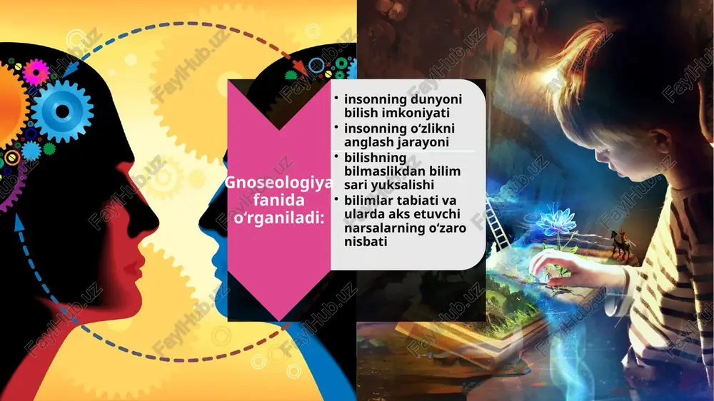liyatining ijtimoiy jarayoni inson qo‘lga kiritadigan axborotning eng oliy darajasi bilish masalasiga qarashlar: gnostitsizm tarafdorlari bilishning hozirgi holati va kelajagiga optimistik ruhda qaraydilar. ularning fikricha, olam – o‘rganiladi, odam esa,bilish uchun cheksiz imkoniyatlarga ega. ular bilishni jarayon deb biladilar, buning natijasida ongda olamni aks ettirish bilan o‘z-o‘zini o‘rganadi. agnostitsizm tarafdorlari insonning olamni bilish imkoniyatlariga yoki umuman bilish mumkinligiga ishonmaydi yoki olamni qisman bilish mumkin deb biladi. agnostiklar orasida eng mashhuri i.kantdir. u agnostitsizmning izchil nazariyasini ilgari surdi. ular bilish ideal ongning mustaqil faoliyati deb hisoblaganlar. bilish – odam ongida hayot haqiqatining faol maqsadli aks etish jarayoni.bilish jarayonida maishiy hayotning har xil qirralari ko‘rinadi narsalarning ichki va tashqi mohiyati ochiladi. tashqi olam ko‘rinishlari, shuningdek, bilish faoliyati sub'ekti odam odamni, ya'ni o‘zini-o‘zi tadqiq qiladi. zamonaviy gnoseologiya gnostitsizm tamoyillariga asoslanadi. odamning bilish turlari: odam tashqi olamni bevosita o‘zi yoki olam uchun yangi narsani kashf etadi. odam tashqi olamni bilishni ajdodlar bilish natijalari orqali …