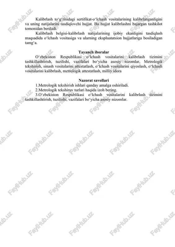 lat qiyoslashidan majburiy ravishda o‘tkaziladigan vositalarga davlat metrologik xizmatlarining va tadbirkorlik sub’ektlarining namunaviy o‘lchash vositalari; o‘zining bevosita vazifasiga muvofiq namunaviy o‘lchash vositalari sifatida yoki tayyorlashga buyurtnoma shartlari bo‘yicha ishlab chiqarilgan o‘lchash vositalari; nurlanishni ionlovchi va tarkibida nurlanishni ionlovchi manba bor bo‘lgan o‘lchash vositalari; asbob-uskunalarni ta’mirlovchi xo‘jalik yurituvchi sub’ektlari chiqargan, ta’mirdan keyin boshqa xo‘jalik yurituvchi sub’ektlarga berish uchun mo‘ljallangan o‘lchash vositalari; milliy va xalqaro sport rekordlarini qayd qilish bilan bog‘liq o‘lchash vositalari; davlat arbirtaj idoralari tomonidan ekspertiza o‘tkazishda, shuningdek bojxona tekshiruvida o‘lchashlar uchun qo‘llanilgan o‘lchash vositalari; o‘lchash uchun ishchi o‘lchash vositalari sifatida qo‘llaniladigan, o‘lchash natijalari: tabiatni muhofaza qilish, sog‘liqni saqlash, mehnat xavfsizligini ta’minlash, barcha turdagi transportlarning harakat xavfsizligini ta’minlash, ishlab chiqarish va texnologik jarayonlarning xavfsizligini ta’minlash, aloqa tizimlarini ta’minlash, xo‘jaliklararo o‘zaro hisoblashlar, savdoning barcha turlari, aholiga puli xizmatlarning barcha turlari uchun qo‘llaniladigan o‘lchash vositalari. o‘zbekiston respublikasi o‘lchash vositalarini kalibrlash tizimini tashkillashtirish, tuzilishi, vazifalari bo‘yicha asosiy nizomlar, bu tizimga kirgan sub’ektlarning huquqlari …