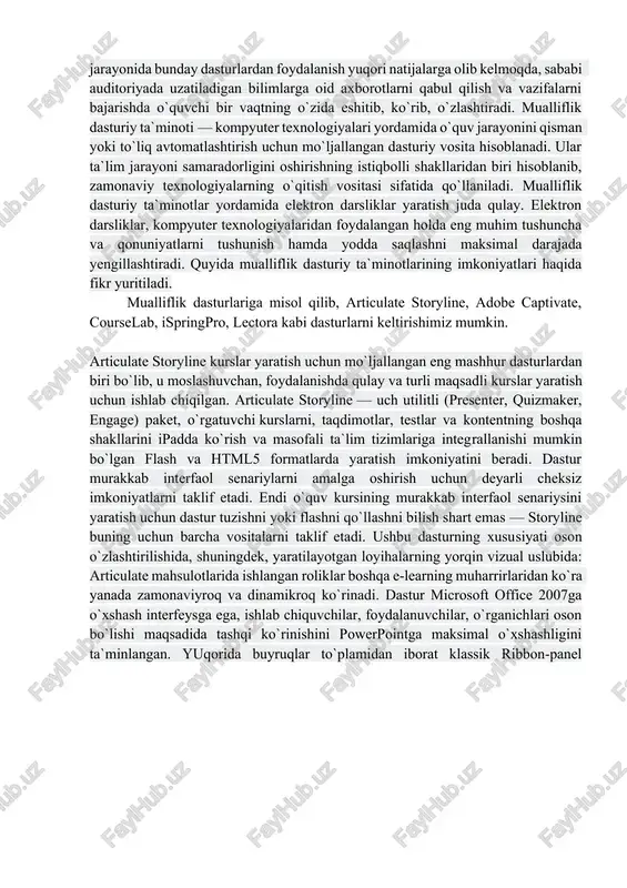 umotlar hajmiga teskari proporsional ravishda o`zgarib borishini e`tirof etadi. bu quyidagi sabablar bilan izohlanadi: - ko`rish organlariga tushadigan yuklamaning ortib borishi; - yangiliklarni qabul qilishda yuzaga keluvchi dastlabki ruhiy ko`tarinkilikning tinib qolishi; - yuzaga kelishi mumkin bo`lgan noaniqlik va xatoliklar tufayli salbiy hissiyotlarning yig`ilib borishi; - katta miqdordagi ta`limiy resurslarni qabul qilish undan keyingi axborot resurslarini faol o`zlashtirishga to`sqinlik qiladi. bu holat ta`lim jarayonida pedagogik dasturiy vositalarni ishlab chiqish va joriy etishda zarur didaktik, psixofiziologik hamda metodik talablarni hisobga olgan holda ishlab chiqilishi zaruratini yuzaga chiqaradi. pedagogik dasturiy vositalarning psixofiziologik jihatdan samaradorligi birinchidan: o`quvchilarning o`quv materiallarini o`zlashtirishi, tarbiyalanganlik va intellektual rivojlanganligi, ishchanlik ko`rsatkichlari, motivasion barqarorlik darajalari bilan belgilanadi. ikkinchidan, o`qituvchi faoliyati bilan bog`liq bo`lib, o`qitish konsepsiyalari, pedagogik texnologiyalari va ta`lim vositalaridan rasional foydalanish ko`rsatkichlari, o`qituvchining mehnat faoliyatiga nisbatan barqaror motivasiyasi, ish qobiliyati bilan belgilanadi. 1. mualliflik dasturlari bugungi kunda jahonning rivojlangan mamlakatlari ta`lim tizimlarida turli o`rgatuvchi dasturiy vositalardan keng foydalanilmoqda. …