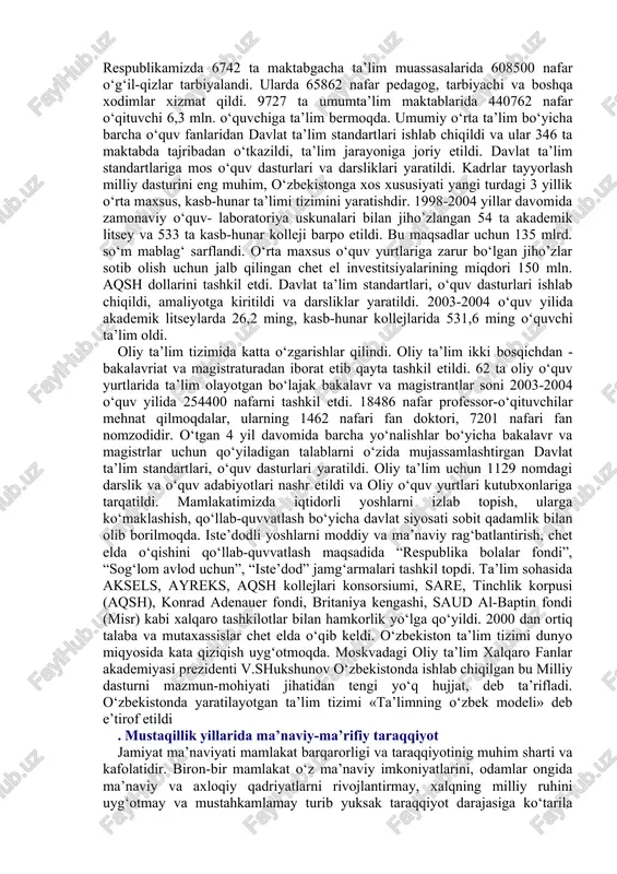 mi yaratildi, ishsizlik bo‘yicha nafaqa to‘lash yo‘lga qo‘yildi. yangi ish o‘rinlarini tashkil etishga e’tibor berildi. 1993 yilda respublikada 185,1 ming yangi ish o‘rinlari tashkil etilgan bo‘lsa, 1998 yilda bu ko‘rsatkich 345,9 mingni tashkil etdi yoki 1,8 marta ko‘p ish o‘rinlari yaratildi. 2000 yilda faqat kichik va xususiy biznes rivoji hisobiga 192,5 ming yangi ish o‘rinlari yaratilgan bo‘lsa, bu ko‘rsatkich 2004 yilda 425 mingdan oshdi. 2003 yil 1 yanvarda iqtisodiyot sohasida band bo‘lganlarning 76,6 foizi nodavlat sektor hissasiga to‘g‘ri keldi. iqtisodiy islohotlar borasida qo‘yilgan yana bir muhim qadam - 1994 yil 1 iyuldan milliy valyutamiz-so‘ming muomalaga kiritilishi bo’ldi.. bu tadbir katta siyosiy ahamiyatga, e’tiborga molikdir, chunki o‘z milliy valyutasiga ega bo‘lmagan davlat chinakam mustaqil bo‘la olmaydi. respublika hukumati milliy valyuta qadrini mustahkamlash, uning erkin aylanishini taminlash choralarini amalga oshirib bordi. 2003 yil 15 oktyabrdan boshlab so‘m qisman konvertatsiyalanadigan valyuta maqomiga ko‘tarildi. muxtasar qilib aytganda, mustaqillik yillarida amalga oshirilgan iqtisodiy islohotlar natijasida …