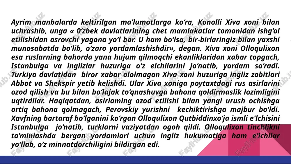tib lashkar jam qilgudek bo‘lsa, ish og‘irlashadur. bu joyning aholisi oralarida nizo va beittifoqlik paydo bo‘lib turgan holda ishni tezlik va osonlik bilan saranjom qiladursiz». eng dahshatlisi shundaki, rossiya go‘yo keng ommaning ko‘z o‘ngida bosqinchilik bilan emas, balki taklifga ko‘ra kelgan ekan, degan tasavvurni hosil qilardi. bunday holatni payqagan qo‘qon hukmdori sulton sayidxon va lashkarboshi alimqul yurt barqarorligini ta’minlash uchun ayrim choralarni amalga oshirishga urinishdi. bu jihatdan xonning qozoq biylariga yo‘llagan murojaatnomasi diqqatga sazovordir. unda xususan bunday deyilgan: «xudoyi taologa shukrlar bo‘lsinki, shariat qonunlari asosida tinch-farovon hayotga erishdik. endilikda 92 qavm birlashib bir xalqni tashkil etdi. shu ravishda bizning sodiq fuqarolarimiz tinchlandi, tarafdorlarimiz uzoq-yaqin joylardan kelishib, bizning xursandchiligimiz va marhamatimizdan bahramand bo‘lmoqdalar. sizlar ham dinimiz va ona-yurt hurmati yuzasidan huzurimizga tashrif buyurishingizni hamda oliy iltifotimizga musharraf bo‘lishingizni so‘raymiz».alimqulning buyrug‘iga ko‘ra, nurmuhammad qushbegi avliyo otaga borib talas daryosining yuqori oqimida istiqomat qilib turuvchi qirg‘izlarning sardorlarini yig‘ib ular bilan suhbatlashdi. u tashqi …