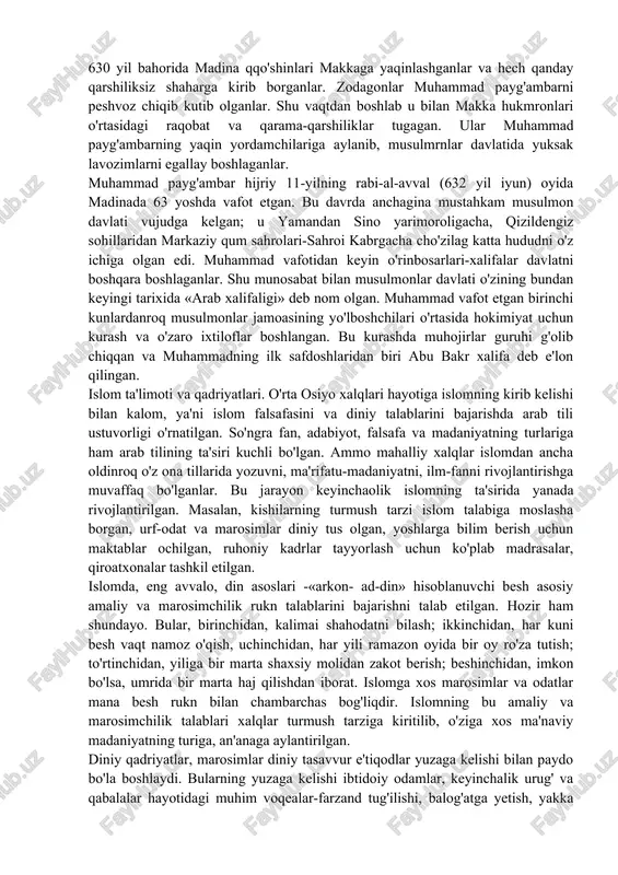 limotga kura ramazon oyining yigirma yettinchi kuniga utar kechasi milodiy xisob bilan 610 yilning 31 iyulidan 1- avgustiga utar kechasi boshlangan va 23 yil davom etgan. vaxiy tusha boshlagan tun «laylatul qadr»deb atala boshlagan. bu xodisa qur'onning 97-«al qadr»surasida ifodalangan. muxammad (s. a.v) payg'ambar targ'ibotlarini boshlagan dastlabki yillarda juda oz kishi u zotning izidan borgan. shu bilan birga qurayshiylarning ummaviylar xonadoniga mansub bo'lgan va makkada siyosiy xokimiyat tepasida turgan zodagonlar o'sha davrdayok uning targ'ibotiga qarshilik kursa a boshlaganlar. badaviylar xam uni avval boshda qo'llab- quvvatlamaganlar. makkada axvol jiddiylashgach muxammad makka xukmdorlari bilan rakobatlashib kelgan kabilalarning vakillari bilan muzokaralar olib borgan va 622 yili ularning yordamida madinaga xijrat qilingan. musulmonlarning hijriy yili hisobi shu ko'chish arabcha «hijra»dan boshlangan. makkadan ko'chib borganlar islom tarixida «muhojir» (ko'chib kelgan)lar, madinalik qabilalardan islomni qqabul qilganlar esa «ansor» (yordamchi) lar deb nom olganlar. oradan bir necha yil o'tgach xaj qilishga u zotning o'zlari ham makkaga kelgan. …