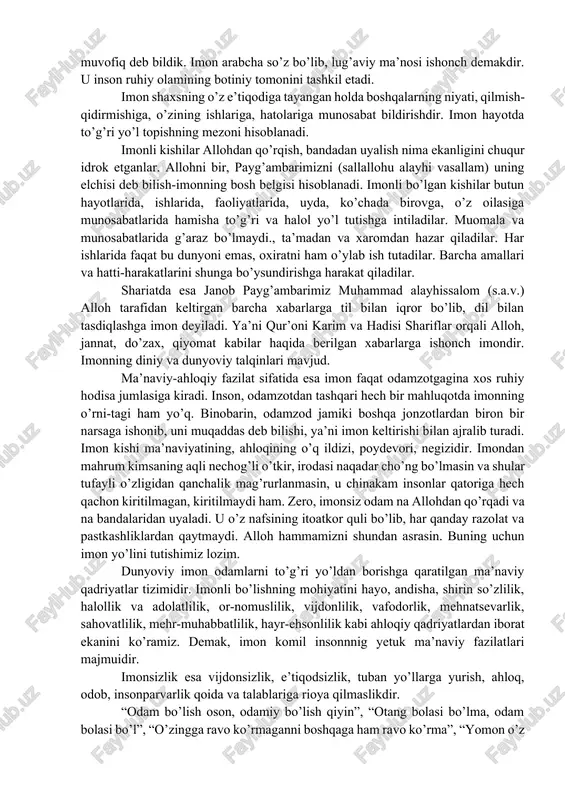 n aytganda, kalom va falsafani bir biridan ajratish mushkul bo’lib qoldi. bu hol baydoviy (1286 y. v.e.), isfahoniy (1349 y. v.e.), ijiy (1355 y. v.e.), taftazoniy (1390 y. v.e.), jurjoniy (1413 y. v.e.)lar ijodida o’z ifodasini topdi. yangi va eng yangi davrlarda jamoliddin afg’oniy, muhammad abdu, ahmad amin, hasan hanafiy kabi musulmon islohotchilarining asarlarida kalom va ayniqsa, mu’taziliylar g’oyalari mafkuraviy asos vazifasini bajarib keldi. vaqt o’tishi bilan islom olamida faqat ahli sunna va jamoaning ilmi kalom bo’yicha ta’limotlari hukm suradigan bo’ldi. falsafa va boshqa fikriy mazhablar chiqqanidan so’ng ilmi kalom istilohining o’zi ham iste’moldan chiqib ketdi. imon, shirk, kufr, qiyomat, jannat va do’zax tushunchalarining mazmun-mohiyati. mazkur masala yechimi ko’p qirrali. qo’yilgan masalani har kim o’z ma’naviy dunyosi o’lchami bilan o’lchab, shunga yarasha hatti-harakat qiladi. insonning chin ma’nodagi insonligi- uning imoni, diyonati, mehr-oqibati, pokligi va halolligi, kamtarligi va boshqalar bilan o’lchanadi. bu umumiy tarzda insoniylik tushunchasi bilan ifodalanadi. insoniylik esa faqat …