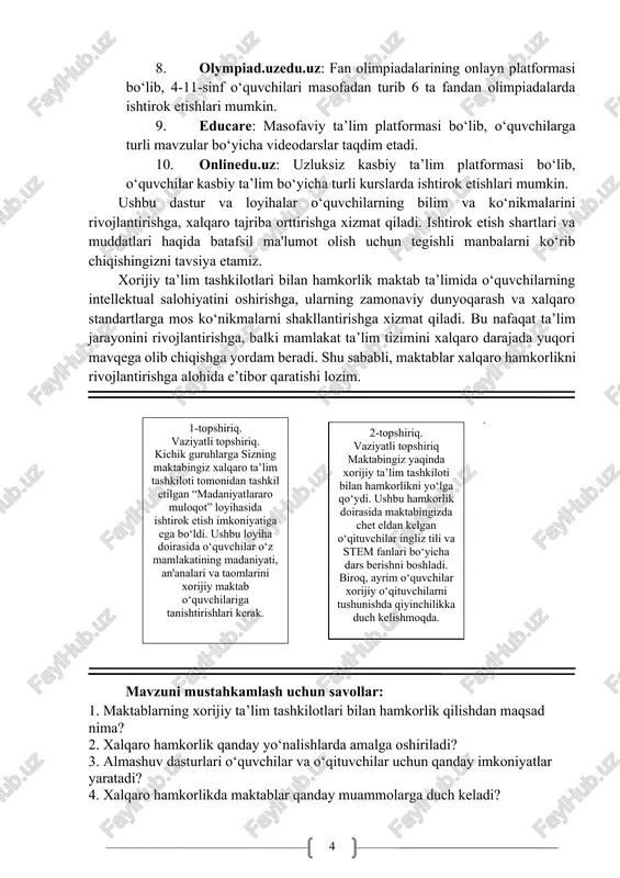 nge program): aqsh hukumati tomonidan moliyalashtiriladigan ushbu dastur maktab, litsey va kollej o‘quvchilariga amerikada bir yil davomida bepul o‘qish va mezbon oilada yashash imkoniyatini beradi. 2. ivypanda xalqaro insholar tanlovi: talaba va o‘quvchilar 500-700 so‘zli insho yozib, $1000 gacha pul mukofotini yutib olishlari mumkin. 3. xalqaro greenwich olimpiadasi (igo): buyuk britaniyadagi north london grammar school tomonidan tashkil etilgan ushbu olimpiadada o‘quvchilar turli fanlar bo‘yicha bilimlarini sinab ko‘rishlari mumkin. 4. saf xalqaro innovatsion loyihalar festivali: ozarbayjonda o‘tkaziladigan ushbu festivalda o‘zbekistonlik o‘quvchilar ham ishtirok etishlari mumkin. 5. pirls xalqaro baholash dasturi: mazkur dastur 4-sinf o‘quvchilarining o‘qish savodxonligini baholashga qaratilgan bo‘lib, o‘zbekiston o‘quvchilari ham unda ishtirok etishadi. 6. zamin foundation loyiha: bolalarning erta kasbga yo‘naltirish vazifalarini hal etish, fermer kasbi hamda issiqxona xo‘jaligini yuritish asoslari bilan tanishtirishga qaratilgan loyiha. 7. uzbekcoders.uz: dasturlashni o‘rganish uchun ochiq va bepul onlayn platforma bo‘lib, o‘quvchilar it-mutaxassisliklarni o‘rganishlari mumkin. 8. olympiad.uzedu.uz: fan olimpiadalarining onlayn platformasi bo‘lib, 4-11-sinf o‘quvchilari …