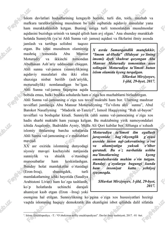 ida bag`rikyenglik g`oyasi asosida inson aql-zakovatining o`rni va ahamiyatiga yuksak e’tibor qaratadi. bu o`z navbatida ushbu ma’limotlarning kyeng ommalashuvida muhim o`rin tutgan. bunday g`oyalarga bugungi kunda ham insoniyat katta yehtiyoj syezmoqda. shavkat mirziyoyev, 1-jild, 29-byet, 2017. xx asr oxirida islomning dunyodagi siyosiy mavqei kuchayishi natijasida sunniylik va shialik o`rtasidagi munosabatlar ham keskinlashgan. bunday holat mamlakatlar o`rtasidagi (eron-iroq), shuningdek, turli mamlakatlarning ichki hayotida (saudiya arabistoni livan) ham ko`zga tashlanib, ko`p holatlarda uchinchi darajali ahamiyat kasb etgan (eron –iroq) yoki osongina hal etilgan. sunniylikning ko`pgina o`ziga xos hususiyatlari hozirgi vaqtda islomning haqiqiy demokratik din ekanligini isbot qilishda dalil sifatida ko`rsatilmaydi. islom olamidagi davlatlar aholisining ko`pchiligini (eron va iroqdan tashqari) sunniylar tashkil etadi. 2. shialik (arab, gurux, tarafdorlar, partiya, ya’ni alining guruhi degan ma’noni anglatadi) – islomdagi ikkinchi yo`nalishdan biri. ali va uning avlodini muhammad payg`ambar s.a.v.ning birdan-bir qonuniy vorislari deb tan olinadigan turli yo`nalish va sektalarning umumiy nomidir. o`zining tarqalishi va ijtimoiy-siyosiy …