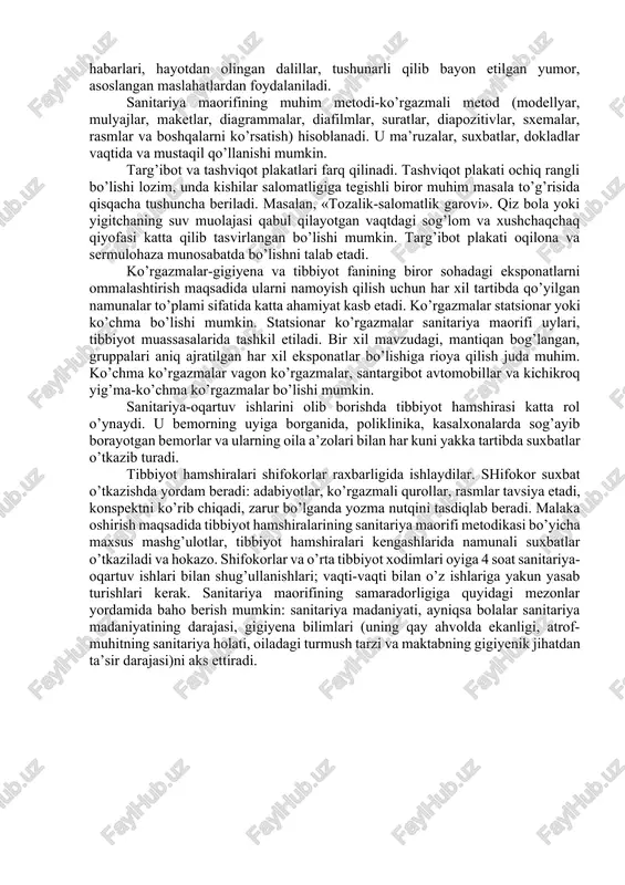 sh va asosiy raqam hamda o’itatalarni xotirada tiklash uchun konspektdan foydalanish kerak. ma’ruzachi tinglvchilarga razm solib turishi, ma’ruza ularga qanday ta’sir ko’rsatayotganligini sezishi lozim. jamoa haytidan, badiiy adabiyotlardan olingan misollar bilan boyitilgan yoki kinofilmlar nmoyish qilish bilan o’tkaziladigan ma’ruzalar tinglovchilar tomonidan yaxshi qabul qilinadi. ma’ruza oxirida aytilgan fikrlarga yakun yasash, xulosalar chiqarish va tinloqvchilarni ma’ruzachining tavsiyalariga mala qilishga chaqirishi lozim. xulosani qisqa va iloji boricha ko’tarinki ruxda, ta’sirchan qilish kerak. suxbat- targ’ibotning smarali vositasi bo’lib, uni shifokor hamda tibbiyot hamshirasi o’tkazishi mumkin. suxbatlar rejali va rejadan tashqari bo’lishi mumkin. ular odatda 20 daqiqagacha davom etadi. suxbatning qimmatli tomoni shundaki, u tinglovchilar bilan chambarchas aloqa o’rnatishga, ularning bilim va tajribalaridan foydalanishga imkon beradi. mavzuga doir rejali ravishda guruhli (25-30 kishigacha) suxbatlar o’tkazish uchun auditoriyadagilarning bilimi bir xil bo’lishi va tinglovchilarning yetarli darajada faollik ko’rsatishi (savollar berishi, so’zga chiqishi) juda muhim. ma’ruzalarda quyidagi mavzulardan foydalanish mumkin: 1. davlatimiz qarorlarida sog’liqni saqlash masalalari. …