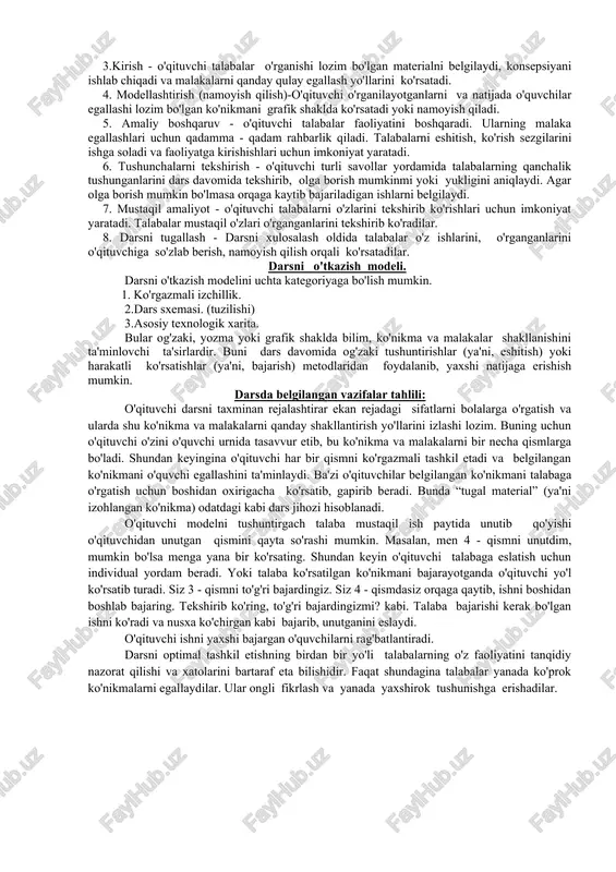 baho berish darsi. bunday dars turida o’quvchilarning nazariy bilimlarini qanchalik o’zlashtirganligi va uni qay darajada amaliqtda qo’llay olish malakasi tekshiriladi va baholanadi, o’quvchilarni olgan bilimlarini amalda qo’llay olish darajasinigina emas. balki biz ularni inson sifatida qanday tarbiyalanaqtganligi, ularda inson fazilatlari qay darajada shakllanib boraqtganligini ham e’tibordan xoli qoldirmasligimiz kerak. o’quvchi aqliy va axloqiy bilimlarni puxta egallab, uni haqtga tadbiq eta bilmasa, bu egallagan bilimlari ularni amaliy jihatdan ma’naviy boyitsa, o’sha holatdagina biz “barkamol avlodni tarbiyalash” dek bosh maqsadimizga erishib boramiz. yuqoridagi uch asosiy turdan boshqacha bo’lgan yana bir xil qo’shma darslar turi ham mavjud. bu dars turida yuqoridagi saralash nuqtai nazaridan olganda, o’quvchilarning o’zlashtirishini tekshirish, yangi mavzuni o’tish va uni pishiqtirish uchun qaytarish kabi turli ishlar qo’shilsa ham lekin qo’shma darslarning asosini bu ishlarning bittasi, qo’shma darslarning maqsadiga to’laroq javob bera oladigan tashkil etadi, qo’shma darsdagi boshqa ishlar esa, shu asosiy ishga qrdamchilik vazifasini bajaradi. ( ta’limni tashkil etish shakllari …