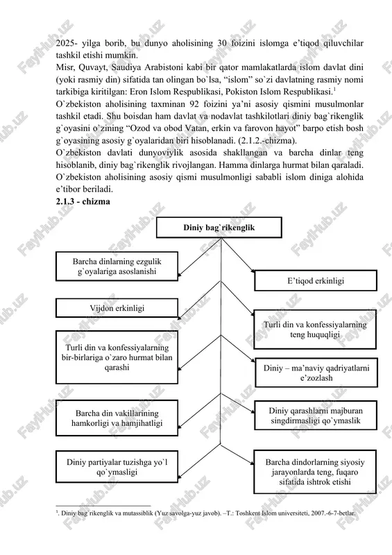 e’tibor beriladi. 2.1.3 - chizma diniy bag`rikenglik barcha dinlarning ezgulik g`oyalariga asoslanishi vijdon erkinligi turli din va konfessiyalarning bir-birlariga o`zaro hurmat bilan qarashi barcha din vakillarining hamkorligi va hamjihatligi diniy partiyalar tuzishga yo`l qo`ymasligi e’tiqod erkinligi turli din va konfessiyalarning teng huquqligi diniy – ma’naviy qadriyatlarni e’zozlash diniy qarashlarni majburan singdirmasligi qo`ymaslik barcha dindorlarning siyosiy jarayonlarda teng, fuqaro sifatida ishtrok etishi o`zbekiston mustaqillikka erishgach, dunyoviy davlat sifatida, din davlatdan ajratilgan bo`lsa-da, lekin dindor jamiyatdan ajratilmaganligi bois barcha dinlar, shu jumladan, islom diniga bo`lgan munosabat tubdan o`zgardi. davlat va diniy tashkilotlar o`rtasidagi munosabat to`g`ri yo`lga qo`yildi. ya’ni vijdon erkinligiga e’tibor qaratildi. dinga ishonuvchilar va ishonmaydiganlar o`rtasidagi munosabatlar to`g`ri yo`lga qo`yildi. bu bmt ustavi hamda 1948- yil 10- dekabrda qabul qilingan inson huquqlari umumjahon deklaratsiyasiga mos tushadi. qisqasi, din dunyoviy davlat tizimi bilan nafaqat murosa qilish, balki umummilliy taraqqiyot yo`lida, u bilan samarali hamkor bo`lishi mumkin. din va dunyoviy davlat orasidagi munosabat …