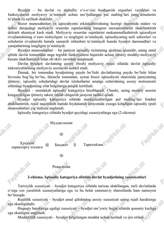 on respublikasi byudjeti va mahalliy byudjetlar kiradi. bunda respublika byudjeti byudjet tizimining asosiy darajasi hisoblanadi, qoraqalpog‘iston respublikasi byudjeti va mahalliy byudjetlarning yig‘indisi o‘zbekiston byudjet tizimining ikkinchi darajasini tashkil etadi. o‘zbekiston respublikasi respublika byudjeti umumdavlat soliqlari va majburiy to‘lovlari hisobiga shakllantiriladi va umumdavlat ahamiyatiga molik tadbirlarni moliyalashtirishga ishlatiladi. o‘zbekiston respublikasi byudjet kodeksining 3-moddasiga asosan, byudjet tizimi byudjetlari o‘zbekiston respublikasining davlat byudjeti, davlat maqsadli jamg‘armalari byudjetlari va byudjet tashkilotlarining byudjetdan tashqari jamg‘armalaridan iborat (1-chizma). ( o'zbekiston respublikasi byudjet tizimi byudjet tizimi byudjetlarini tashkil etish printsiplari, byudjet jarayonida yuzaga keladigan o'zaro munosabatlar byudjet tashkilotlarining byudjetdan tashqari maqsadli jamg'armalari davlat maqsadli jamg'armalari byudjetlari davlat byudjeti ) 1-chizma. o‘zbekiston respublikasi byudjet tizimining tuzilishi keng ma’noda byudjet tizimi – iqtisodiy munosabatlarga asoslangan, davlat qurilishining shakliga mos ravishda tuzilgan, huquq normalari bilan tartibga solinadigan markaziy va mahalliy byudjetlar yig‘indisidan, shuningdek, har bir byudjet bo‘g‘iniga tegishli bo‘lgan soliq va yig‘imlar yig‘indisidan, xarajat vakolatlari hamda byudjetlararo transfertlar yig‘indisidan iboratdir. …