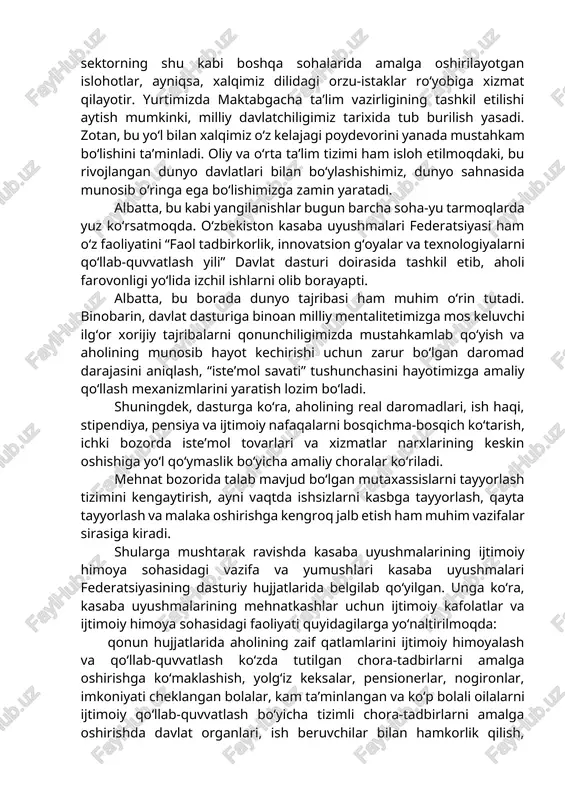 . shunga yarasha 300 dan ortiq yangi avtobus yo‘nalishlari ochiladi. havo va temir yo‘llari qatnovlari infratuzilmasini rivojlantirish maqsadida toshkent xalqaro aeroportining yangi terminali yaratilishi bilan bir qatorda temir yo‘l liniyalari qurilishi va elektrlashtirilishi amalga oshirilmoqda. davlatimiz rahbari “bizning eng oliy maqsadimiz odamlarimizni rozi qilish” deya takror va takror ta’kidlab kelmoqda. xalqona va samimiy aytilgan bu so‘z, aslida, mamlakat ijtimoiy siyosatini belgilab beradi. o‘zingiz bir o‘ylab ko‘ring, o‘tgan bir yildan ziyod vaqt ichida yurtimizda qanday olamshumul voqealar yuz berdi. tarixiy o‘zgarishlar sharofati bilan davlat xalqqa yaqinlashdi, u endi xalq uchun ishlay boshladi. prezident virtual qabulxonasi va xalq qabulxonalari faoliyati bugun nainki xalqimiz, balki xalqaro hamjamiyat e’tirofiga ham sabab bo‘lmoqda. mamlakatimizda ta’lim, sog‘liqni saqlash va ijtimoiy sektorning shu kabi boshqa sohalarida amalga oshirilayotgan islohotlar, ayniqsa, xalqimiz dilidagi orzu-istaklar ro‘yobiga xizmat qilayotir. yurtimizda maktabgacha ta’lim vazirligining tashkil etilishi aytish mumkinki, milliy davlatchiligimiz tarixida tub burilish yasadi. zotan, bu yo‘l bilan xalqimiz o‘z kelajagi …