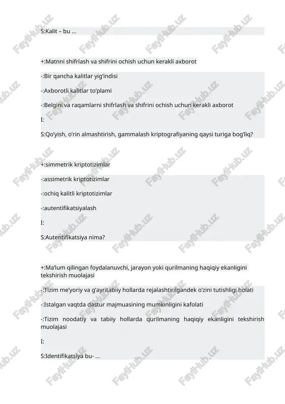 larini almashtirish uchun bir necha alfavitdan foydalanishga asoslangan almashtirish usulini belgilang. +:vijener matritsasi, sezar usuli -:monoalfavitli almashtirish -:polialfavitli almashtirish -:o’rin almashtirish i: s:simmetrik guruh deb nimaga aytiladi? +:o’rin almashtirish va joylashtirish -:o’rin almashtirish va solishtirish -:joylashtirish va solishtirish -:o’rin almashtirish va transportizatsiyalash i: s:qo’yish, o’rin almashtirish, gammalash kriptografiyaning qaysi turiga bog’liq? +:simmetrik kriptosistemalar -:assimetrik kriptosistemalar -:ochiq kalitli kriptosistemalar -:autentifikatsiyalash i: s:xavfli viruslar bu - … +:kompyuter ishlashida jiddiy nuqsonlarga sabab bo’luvchi viruslar -:tizimda mavjudligi turli taassurot (ovoz, video) bilan bog’liq viruslar, bo’sh xotirani -kamaytirsada, dastur va ma’lumotlarga ziyon yetkazmaydi -:o’z-o’zidan tarqalish mexanizmi amalga oshiriluvchi viruslar -:dastur va ma’lumotlarni buzilishiga hamda kompyuter ishlashiga zarur axborotni o’chirilishiga bevosita olib keluvchi, muolajalari oldindan ishlash algoritmlariga joylangan viruslar i: s:elektron raqamli imzo tizimi qanday muolajalarni amalga oshiradi? +:raqamli imzoni shakllantirish va tekshirish muolajasi -:raqamli imzoni hisoblash muolajasi -:raqamli imzoni hisoblash va tekshirish muolajasi -:raqamli imzoni shakllantirish muolajasi i: s:shifrlashning kombinatsiyalangan usulida qanday kriptotizimlarning kriptografik …