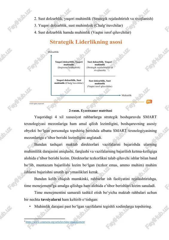 i ishlar bilan band bo‘lib, muntazam bajarilishi lozim bo‘lgan (tezkor emas, ammo muhim) muhim ishlarni bajarishni unutib qo‘ymasliklari kerak. bundan kelib chiqish mumkinki, rahbarlar ish faoliyatini rejalashtirishga, time menejement[footnoteref:4]ga amalga qilishga ham alohida e’tibor berishlari lozim sanaladi. [4: https://www.coursera.org/articles/time-management ] time menejmentini samarali tashkil etish bo‘yicha maktab rahbalari uchun bir nechta tavsiyalarni ham keltirib o‘tishgan: · muhimlik darajasi past bo‘lgan vazifalarni tegishli xodimlarga topshiring. · uzilishlarni samarali boshqarish uchun aniq aloqa choralarini yo‘lga qo‘ying. · kundalik masalalarni hal qilish uchun boshqalarni ruhlantirishga e’tibor qarating. · shoshilinch ishlarga qo‘l urib, muhim narsalarni ko‘zdan qochirmang o‘quv dasturiga oid liderlik - bunda asosiy e’tibor ta’lim mazmuni, pedagogika va baholashga qaratiladi. samarali o‘quv dasturlari, maktab direktorlarining o‘z maktablarida qanday o‘qitish, nimani o‘qitish va berilgan bilimlarning amaliy hayot bilan bo‘g‘liqligini, shuningdek joriy ta’lim standartlari va kelajakdagi ehtiyojlarga mos kelishini ta’minlashga harakat qiladilar. bilamizki menejment bu eng avvalo o‘quv jarayonini ilmiy asosda tashkil etish hisoblanadi. shundan …