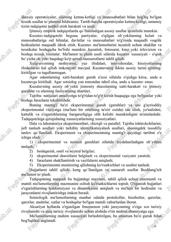 ilaydigan gipotezalarni shakllantirish. gipoteza- bu hodisaning sabablari, o'rganilgan ijtimoiy hodisalar o'rtasidagi munosabatlarning ehtimoliy taxminidir, tadqiqotda muammolar tuzilishi, ijtimoiy muammolarni hal qilishda yondashuvlar. gipoteza tadqiqot yo'nalishini beradi, tadqiqot usullarini va muammolarni hal qilishga ta'sir qiladi. tadqiqot gipotezani tasdiqlashi, rad qilishi yoki sozlanishi kerak. farazlarning bir nechta turlarini ajratish mumkin: 1) asosiy va mahsulot; 2) asosiy va yadro bo'lmagan; 3) birlamchi va ikkilamchi; 4) tavsiflangan (individual elementlar o'rtasidagi munosabatlar xarakteri va tushuntirish (aloqalar va hodisalarning aloqalari va hodisalarining aloqalari va sabablari). gipotezalar tahririga qo'yiladigan asosiy talablar. gipoteza: 1) empirik talqinni olmagan tushunchalar bo'lmasligi kerak, aks holda u o'chiriladi; 2) ilgari belgilangan ilmiy dalillarga zid bo'lmasligi kerak; 3) oddiy bo'lishi kerak; 4) ma'lum bir nazariy bilim, uslubiy asbob-uskunalar va amaliy tadqiqot imkoniyatlarida tekshirilishi kerak. farazlarni shakllantirishning asosiy qiyinchiliklari - bu aniq va aniq tushunchalarni o'z ichiga olgan tadqiqotlarning maqsadlari va maqsadlariga rioya qilish. sotsiologik tadqiqotlar dasturining protsessi, i.e.e., i.e., i.e., sotsiologik tadqiqotlar, qayta …