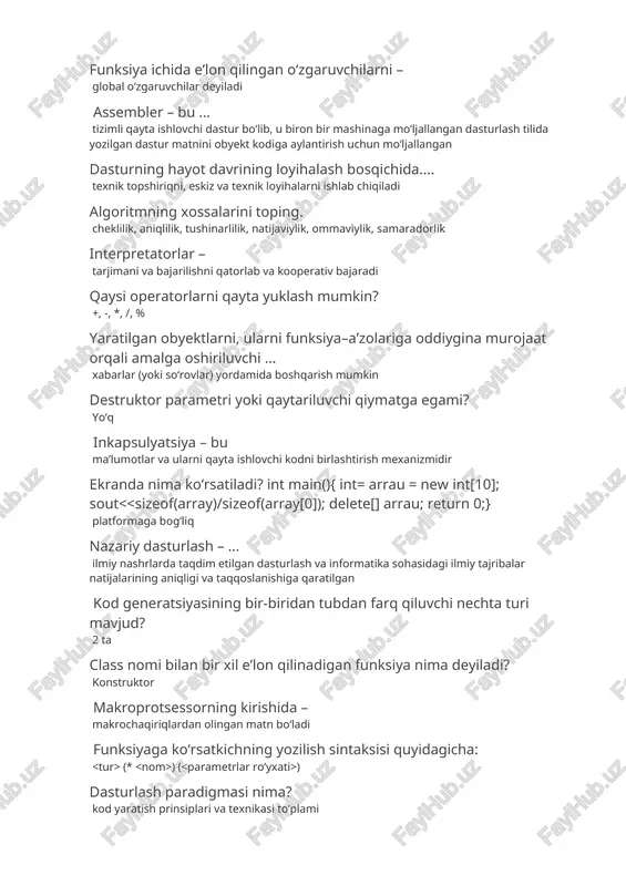 chi kodni birlashtirish mexanizmidir ekranda nima ko‘rsatiladi? int main(){ int= arrau = new іnt[10]; sout (* ) ( ) dasturlash paradigmasi nima? kod yaratish prinsiplari va texnikasi to‘plami translyatorlar – ... bir tilda yozilgan matnni boshqa tilga o‘giradilar kompilyator bu.... dastur tuzish uchun, kodlarning qonun qoida bo‘yicha terilganligini nazorat qiluvchi va dasturning natijasini chiqaruvchi amaliy dasturdir dasturlash paradigmasi atamasi kim tomonidan birinchi bo‘lib kiritilgan? 1978 yilda robert floyd tomonidan dasturlash tili – ... odatda kombinatorial mantiq yoki (lambda)-hisoblashga asoslangan kodni generatsiyalashga tayyorgarlikda – natijaviy dasturning sintezi bilan bog‘lik bo‘lgan xarakatlarga tayyorgarlik bajariladi dasturiy ta’minot - bu tizimning apparat qismiga kerakli harakatlarni bajarishga, kompyuterni “jonlantirishga” imkon beradigan dasturlar to‘plamidan tashkil topadi funsional standartlar bu – tizimga qo‘yilgan talablarni bajarilishini ta’minlash maqsadida, uning faoliyati tartibini belgilaydi ishchi sinfiga ko‘rsatkich qaysi qatorda to‘g‘ri berilgan? class ishchi { int yoshi; string ismi; string lavozimi; public: void ishchi::setishchi(int y, string i, string l){ yoshi=y; ismi=i; …