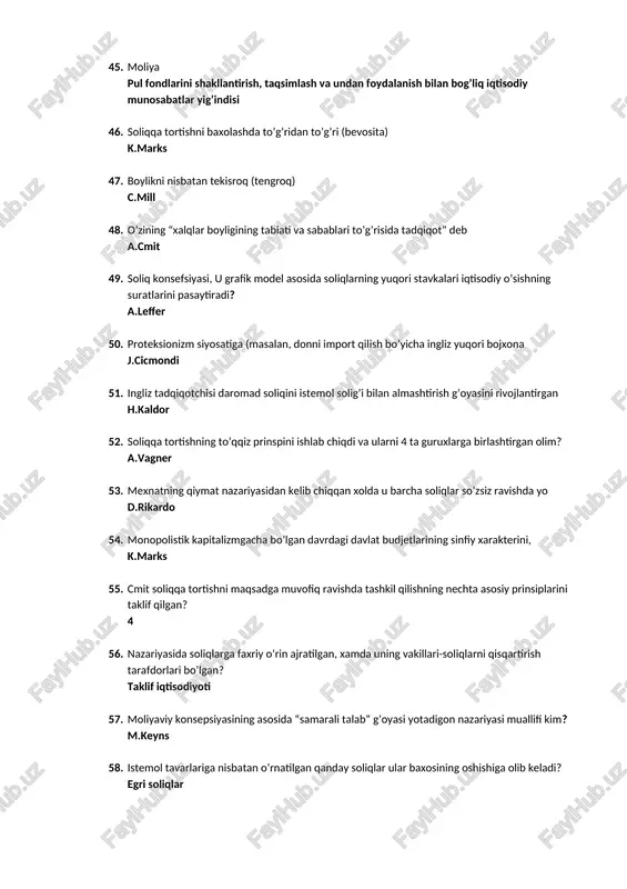 moliyaviy boshqaruv obektlari? moliyaviy oqimlar, moliyaviy munosabatlar, moliyaviy resurslar 61. moliyaviy boshqaruv mexanizmi? korxona moliyaviy faoliyatini tartibga soluvchi elementlar tizimi 62. moliya tizimi o’z ichiga oladi? xo’jalik yurituvchi subyektlar o’rtasida yaimning taqsimlanishi 63. moliyaviy boshqaruv uchun quyidagi axborot manbalari tashqi xisoblanadi? tarmoqni ijtimoiy-iqtisodiy rivojlantirish prognozi 64. moliyaviy vositachilar to’g’ri va to’liq ko’rsatilgan javobni aniqlang? banklar, depozit jamg’armalar, sug’urta kompaniyalari, pensiya fondlari 65. deb kontraktda ko’rsatilgan narx va vaqt bo’yicha malum bir aktivlarni bir tomon sotib olish majburiyatini? forvard kontaktlar 66. ulushli qimmatli qog’ozlariga kiradi? imtiyozli aksiyalar 67. olinayotgan mablag’lar bo’yicha vada qilinayotgan daromadlik stavkasiga deb ataladi? foiz stavka 68. korporatsiya aksiyadorlari firmaning ishini yuritish uchun kimga vakolatini beradilar? koporativ menenjerlarga 69. kelgusi sarmoyalar uchun resursi yetishmaydigan firmalarni qanday ataymiz? resurslari defitsit bo’lgan subyektlar 70. uy xo’jaliklarining mavjud jamg’armalarini qanday aktivlarga yo’naltirish kerakligini uy xo’jaliklarining qaysi qarori asosida aniqlashimiz mumkin? investitsiyalar bilan bog’liq bo’lgan investitsion qarorlar 71. aksiya bu? firma mulkdorlari …