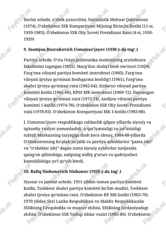 ning birinchi prezidenti. (1991-2016). o‘zbekiston qahramoni (1994). o‘zbekiston qurolli kuchlari oliy bosh qo‘mondoni va 2007 yilgi prezidentlik saylovlari hamda 2015 yilgi prezidentlik saylovlari g‘olibi. o‘zbekiston mustaqilligi e'lon qilingunga qadar o‘zssr kommunistik partiyasi birinchi kotibi. islom karimov boshchiligida o‘zbekiston o‘zining konstitutsiyasiga ega bo‘ldi, bmtda tan olindi va iqtisodiyoti boshqa mdhdavlatlariga nisbatan barqaror rivojlandi. 12. shavkat miromonovich mirziyoyev 1957 yilning 24 iyul kuni jizzaxda tug‘ilgan. 1981 yilda toshkent irrigatsiya va melioratsiya institutini bitirgan. institutning komsomol tashkiloti kotibi bo‘lib ishlagan, keyinchalik partiya tashkiloti kotibi va prorektor lavozimlarida ishlagan. 1992 yilda prorektorlikdan toshkent shahrining mirzo ulug‘bek tumani (sobiq kuybishev tumani) hokimligiga ko‘tarilgan (1996 yilgacha). jizzax viloyati hokimi (1996 yil sentabr - 2001 yil sentabr). samarqand viloyati hokimi (2001 yil 11 sentabrdan 2003 yil 11 dekabrgacha). jizzax viloyati baxmal tumani 67-okrugidan 2-chaqiriq (1999-2004) oliy majlis deputati. 2003 yil 11 dekabrdan o‘zbekiston bosh vaziri. 2005 yil 28 yanvardagi yangi chaqirilgan oliy majlisda qayta tayinlangan. 2005 yil …