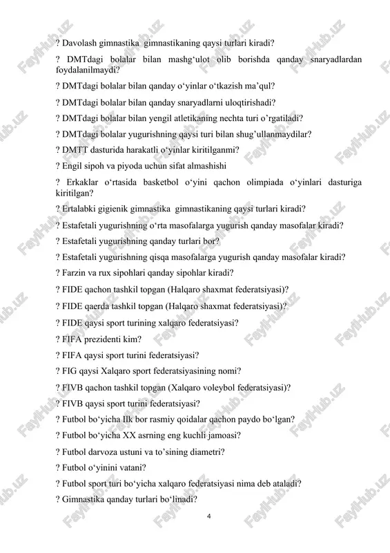 ohlari qanday sipohlar kiradi? ? fide qachon tashkil topgan (halqaro shaxmat federatsiyasi)? ? fide qaerda tashkil topgan (halqaro shaxmat federatsiyasi)? ? fide qaysi sport turining xalqaro federatsiyasi? ? fifa prezidenti kim? ? fifa qaysi sport turini federatsiyasi? ? fig qaysi xalqaro sport federatsiyasining nomi? ? fivb qachon tashkil topgan (xalqaro voleybol federatsiyasi)? ? fivb qaysi sport turini federatsiyasi? ? futbol bo‘yicha ilk bor rasmiy qoidalar qachon paydo bo‘lgan? ? futbol bo‘yicha xx asrning eng kuchli jamoasi? ? futbol darvoza ustuni va to’sining diametri? ? futbol o‘yinini vatani? ? futbol sport turi bo‘yicha xalqaro federatsiyasi nima deb ataladi? ? gimnastika qanday turlari bo‘linadi? ? gimnastikaning qaysi turlari bilan erkaklar shug‘ullanmaydi? ? gimnastikaning sog‘lomlashtiruvchi turlari qanday turlari bo‘linadi? ? gimnastikaning sport turlari qanday turlari bo‘linadi? ? gimnastikaning ta’lim rivojlantiruvchi turlari qanday turlari bo‘linadi? ? gimnastikaning asosiy vositalarini ko‘rsating? ? gimnastikaning qaysi turlari olimpiada dasturiga kiritilgan? ? gimnastikasi batut turi qachon olimpiada dasturiga …