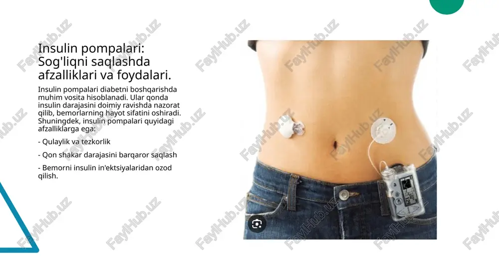 q boshqarish imkonini beradi, bu esa ularning kundalik hayotini osonlashtiradi. o'zbekiston uchun istiqbollar o'zbekistonda diabetni boshqarishda yangi innovatsiyalarni joriy etish, sog'liqni saqlash tizimini rivojlantirish va bemorlarni qo'llab-quvvatlash uchun muhim ahamiyatga ega. xulosa 1 insulin pompalari va freestyle libre insulin pompalari va freestyle libre tizimlari, diabetni boshqarishda yangi imkoniyatlar yaratadi va bemorlarning hayot sifatini yaxshilaydi. 2 o'zbekistonda innovatsiyalar o'zbekistonda diabetni boshqarish texnologiyalarining rivojlanishi, bemorlar uchun zamonaviy yechimlar va qulayliklar taqdim etmoqda, bu esa muhim ahamiyatga ega. 3 kelajakdagi istiqbollar kelajakda insulin pompalari va freestyle libre tizimlarining kengaytirilishi, diabet bilan yashovchi odamlarning hayotini osonlashtirib, sog'liqni saqlashni yaxshilaydi. image1.jpg image2.jpg image3.jpg