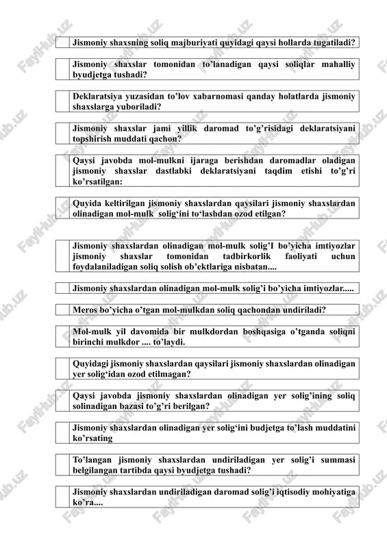 adbiq etilmaydi? aylanmadan olinadigan soliqning ob'ekti nima? aylanmadan olinadigan soliqni to'lovchilar mol-mulk solig'ini to'lovchilar hisoblanadimi? aylanmadan olinadigan soliqni to'lovchilar quyidagi qaysi soliqni to'laydilar? aylanmadan olinadigan soliqni to'lovchilari qo'shilgan qiymat solig'ini qanday tartibda to'laydilar. qo'shilgan qiymat solig'ining soliqqa tortish ob'ekti nima. soliq solinadigan importga ta'rif bering? qo'shilgan qiymat solig'i bo'yicha soliq solinadigan oborot to'g'ri keltirilgan javobni aniqlang? aktsiz solig'ining to'lovchilari bo'lib kimlar hisoblanadi. qanday operatsiyalar aktsiz solig'i solinadigan ob'ekt hisoblanadi. aktsiz markalarining nominal qiymati aktsiz solig'i to'lovi hisobiga kiritiladimi? aktsiz solig'i quyidagilarning qaysilariga solinmaydi. quyidagi yuridik shaxslardan qaysi biri aktsiz solig'ini to'laydi. quyida keltirilgan qaysi hujjatlar aktsiz to'lanadigan tovarlar eksportini tasdiqlovchi hujjatlar hisoblanadi. aktsiz solig'ining stavkalari foizlarda (advalor) belgilangan import qilinayotgan aktsiz to'lanadigan tovarlar bo'yicha soliq solinadigan baza nima asosida belgilanadi. aktsiz solig'ining stavkalari foizlarda (advalor) belgilangan ishlab chiqarilayotgan aktsiz to'lanadigan tovarlar bo'yicha soliq solinadigan baza qanday aniqlanadi? aktsiz solig'ining stavkalari mutlaq summada (qat'iy) belgilangan aktsiz to'lanadigan tovarlar bo'yicha soliq solinadigan …