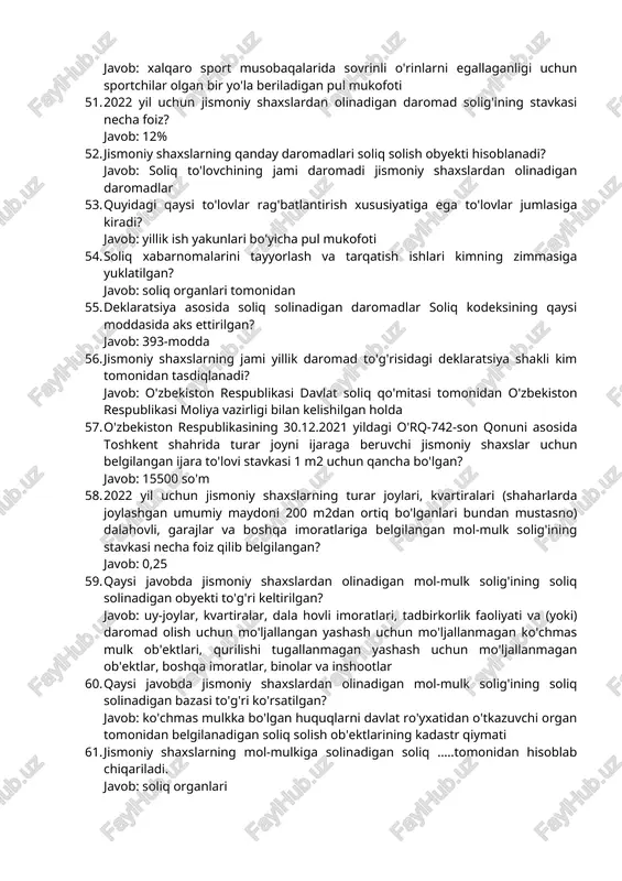 avkalar doirasida belgilash. 43. jismoniy shaxslarning soliqqa oid huquqbuzarliklar sodir etganlik uchun javobgarligi necha yoshdan boshlab vujudga keladi? javob: jismoniy shaxslarning soliqqa oid huquqbuzarliklar sodir etganlik uchun javobgarligi o'n olti yoshdan boshlab vujudga keladi. 44. soliq majburiyatiga ta'rif bering. javob: soliq to'lovchining soliq to'g'risidagi qonun hujjatlariga muvofiq yuzaga keladigan majburiyati soliq majburiyati deb e'tirof etiladi 45. soliq funksiyalari keltirilgan javobni ko'rsating? javob: fiskal, nazorat, tartibga solish, rag'batlantirish, axborot bilan ta'minlash. 46. soliq xizmati organlarining quyi bo'g'inini ko'rsating? javob: soliq inspeksiyasi. 47. jismoniy shaxslar daromad solig'ida soliq summasini davlat byudjetiga o'tkazib beruvchi shaxsni ko'rsating? javob: soliq agenti. 48. jismoniy shaxslardan olinadigan daromad solig'ini hisoblash ma'suliyati kimga yuklatilgan? javob: ish beruvchi yurudik shaxsga 49. jismoniy shaxslarning daromadiga solinadigan soliqni to'lovchilari kimlar? javob: o'zbekiston respublikasining rezidentlari bo'lgan jismoniy shaxslar va o'zbekiston respublikasidagi manbalardan daromad oluvchi o'zbekiston respublikasining norezidenti bo'lgan jismoniy shaxslar 50. jismoniy shaxsning quyida keltirilgan qaysi daromadlari daromad solig'idan ozod qilingan? javob: …