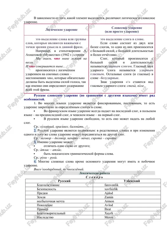 lyonnim slogom v slove. · vo frantsuzskom yazike udarenie vsegda padaet na posledniy slog, v polskom yazike – na predposledniy slog, v cheshskom yazike – na perviy slog. · v russkom yazike udarenie svobodnoe, to est ono mojet padat na lyuboy slog. sr.: kúxonniy, krasívee, balovát. 2. russkoe udarenie yavlyaetsya podvijnim: v rodstvennix slovax i pri izmenenii odnogo i togo je slova udarenie mojet peredvigatsya na drugoy slog. sr.: zágovor – dogovór, nachát – náchal, sirotá – siróti. 3. imenno udarenie mojet: · otlichat odno slovo ot drugogo; sr.: átlas – atlás. · bit pokazatelem grammaticheskoy formi slova. sr.: rúki – rukí. 4. mnogie slojnie slova krome osnovnogo udareniya mogut imet i pobochnoe udarenie. viso´koodaryonniy, ve´chnozelyoniy. leksicheskaya rabota s l o v a r russkiy uzbekskiy blagosostoyanie farovonlik bezopasnost xavfsizlik predki ajdod zemlya zamin nesbitochnaya mechta armon pokolenie avlod primer ibrat blagotvoritelniy xayrli nasledstvo meros duxovnoe bogatstvo qadriyat edinstvo birdamlik …
